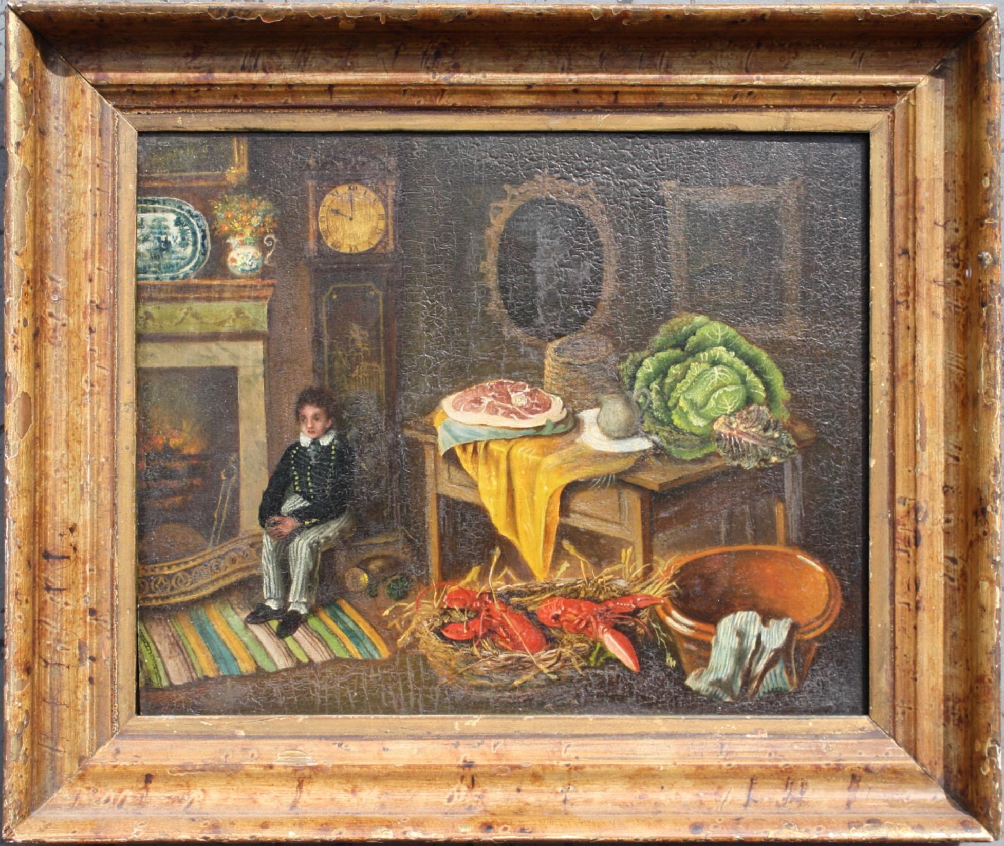 Huile sur panneau naïve du 19ème siècle, Boy & His Big Cabbage Folk Art Rutland Gallery, Londres en vente 6