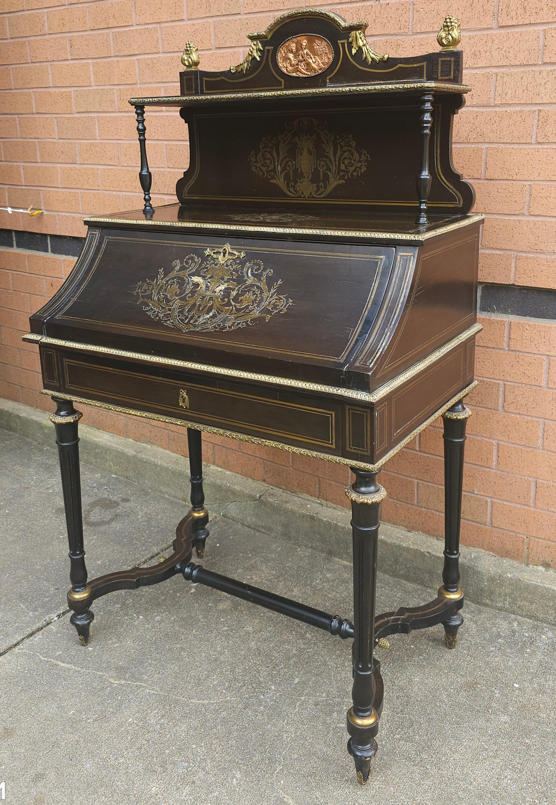 19. C.  Napoleon III.-Sekretär-Schreibtisch aus ebonisiertem Bonheur Du Jour mit Boule-Intarsien im Angebot 3