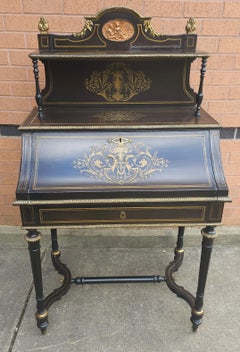 19th C.  Napoleon III Boule Marquetry Ebonized Bonheur Du Jour Secretary Desk