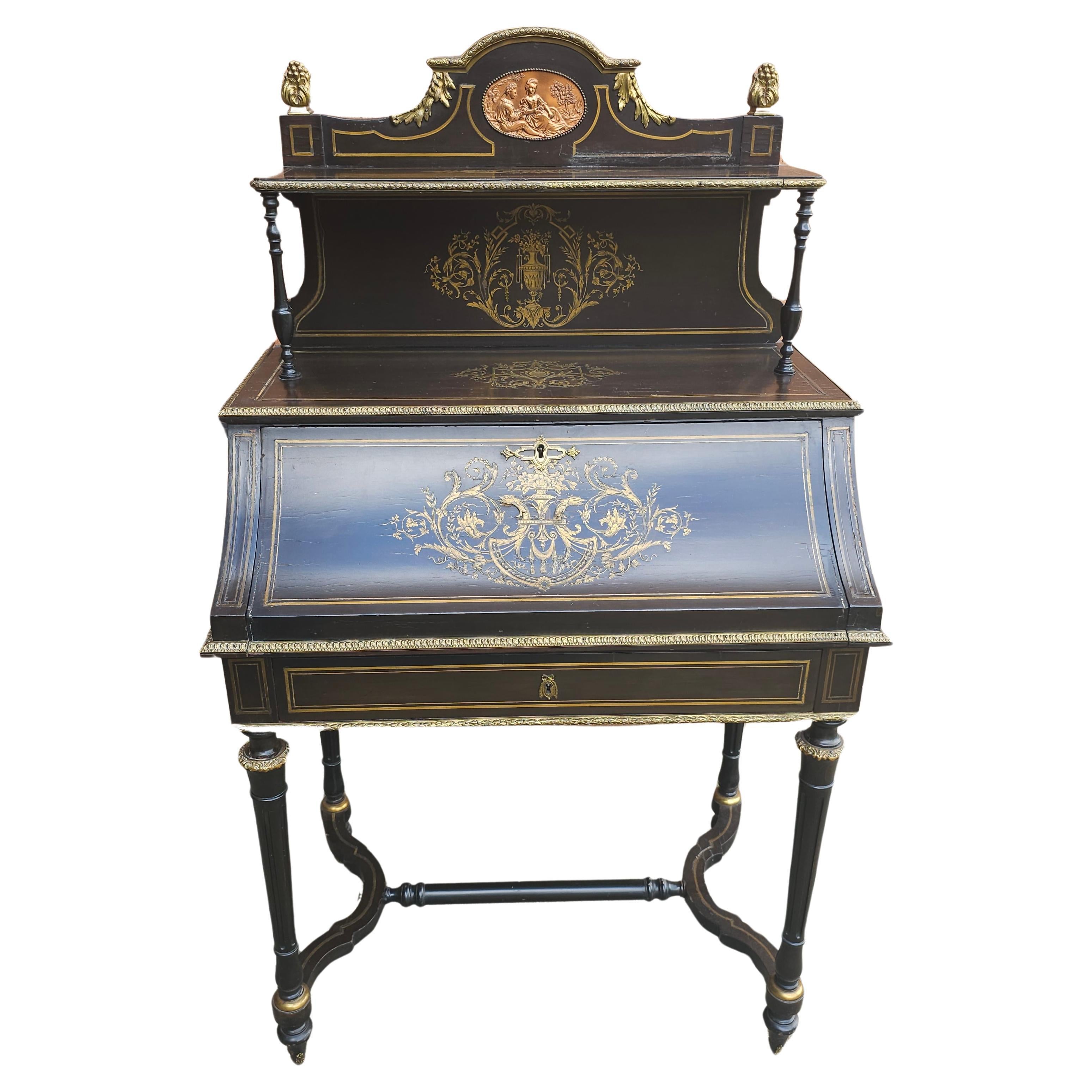 19. C.  Napoleon III.-Sekretär-Schreibtisch aus ebonisiertem Bonheur Du Jour mit Boule-Intarsien (Französisch) im Angebot
