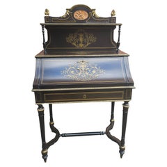 19th C.  Napoleon III Boule Marquetry Ebonized Bonheur Du Jour Secretary Desk