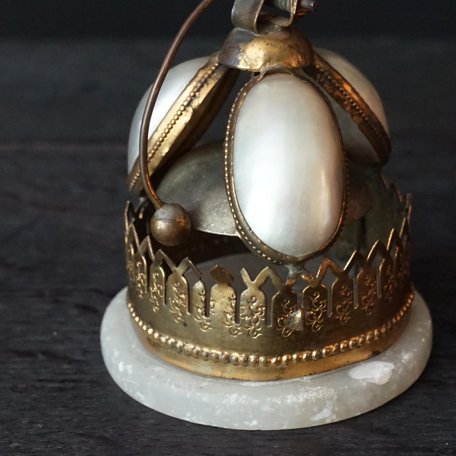 19th C Napoleon III French Mother of Pearl Shell Alabaster and Brass Hotel Bell 2