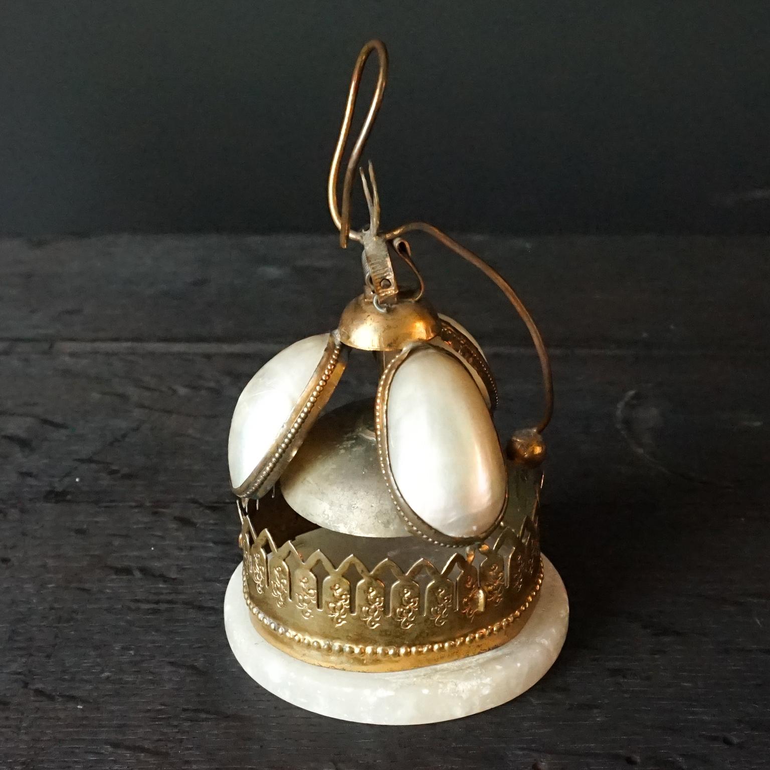 Gilt 19th C Napoleon III French Mother of Pearl Shell Alabaster and Brass Hotel Bell