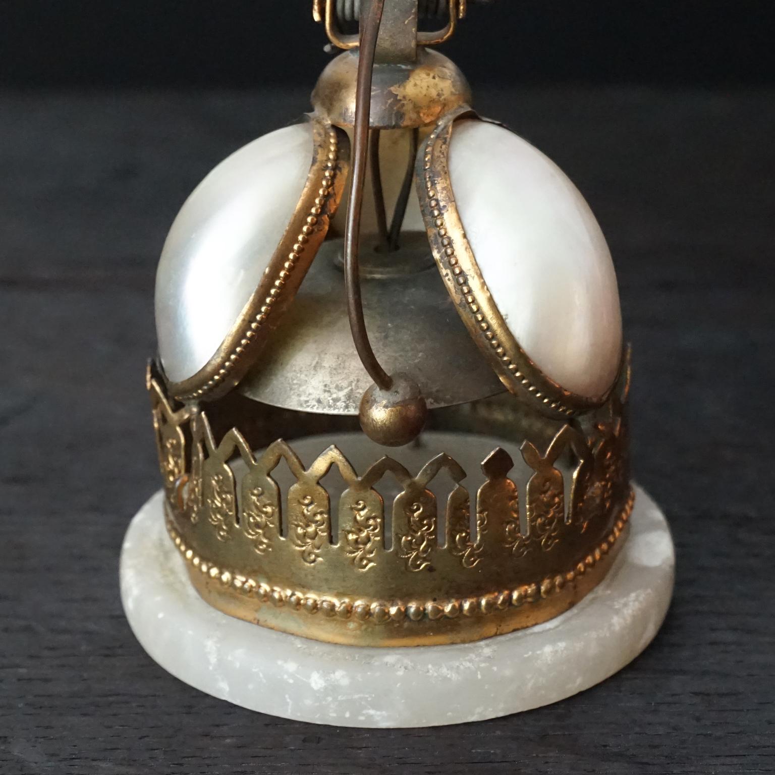 19th Century 19th C Napoleon III French Mother of Pearl Shell Alabaster and Brass Hotel Bell