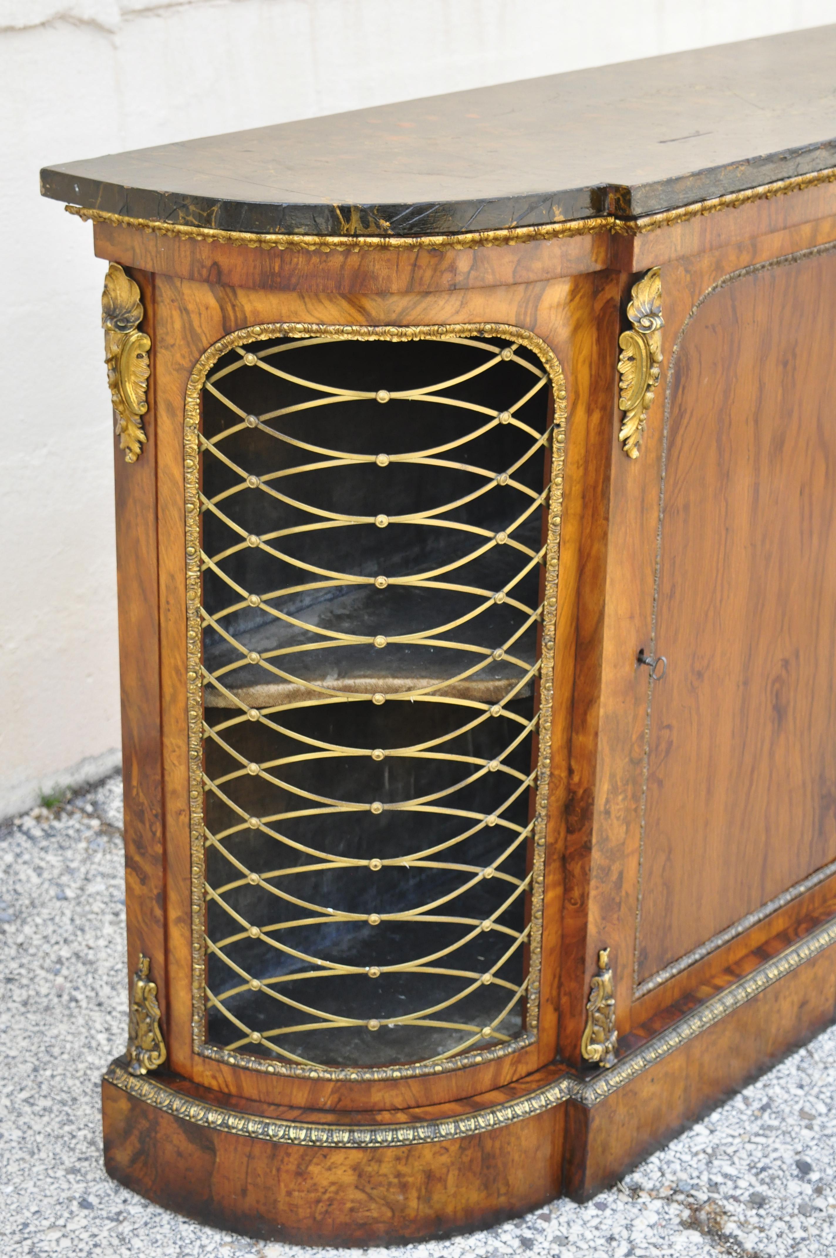 French 19th C Napoleon III Rosewood Sideboard Buffet Credenza Cabinet w/ Brass Lattice For Sale