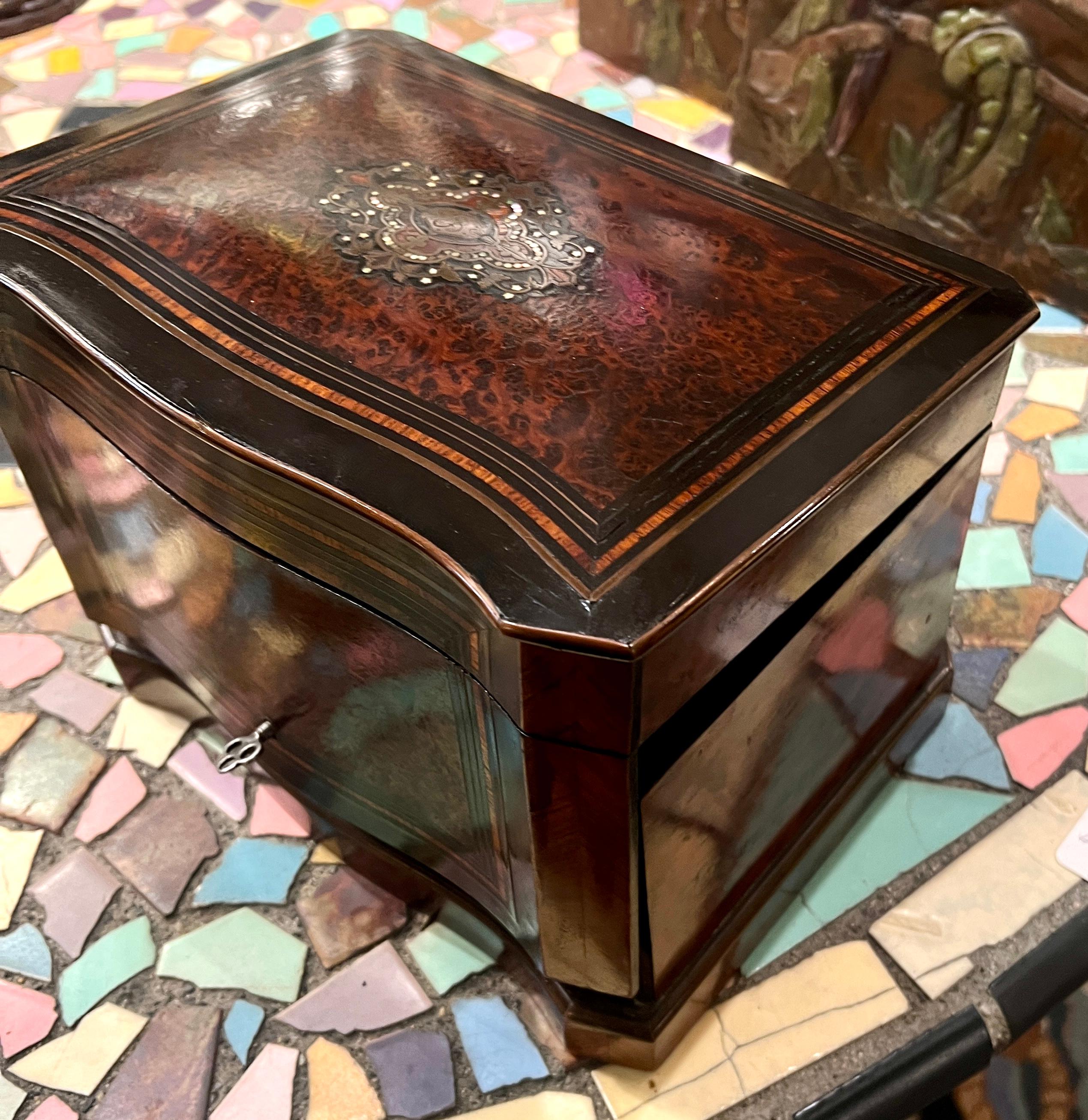 Hand-Crafted 19th C. Napoleon Mother of Pearl and Rosewood Cigar Cellar with Four Drawers For Sale