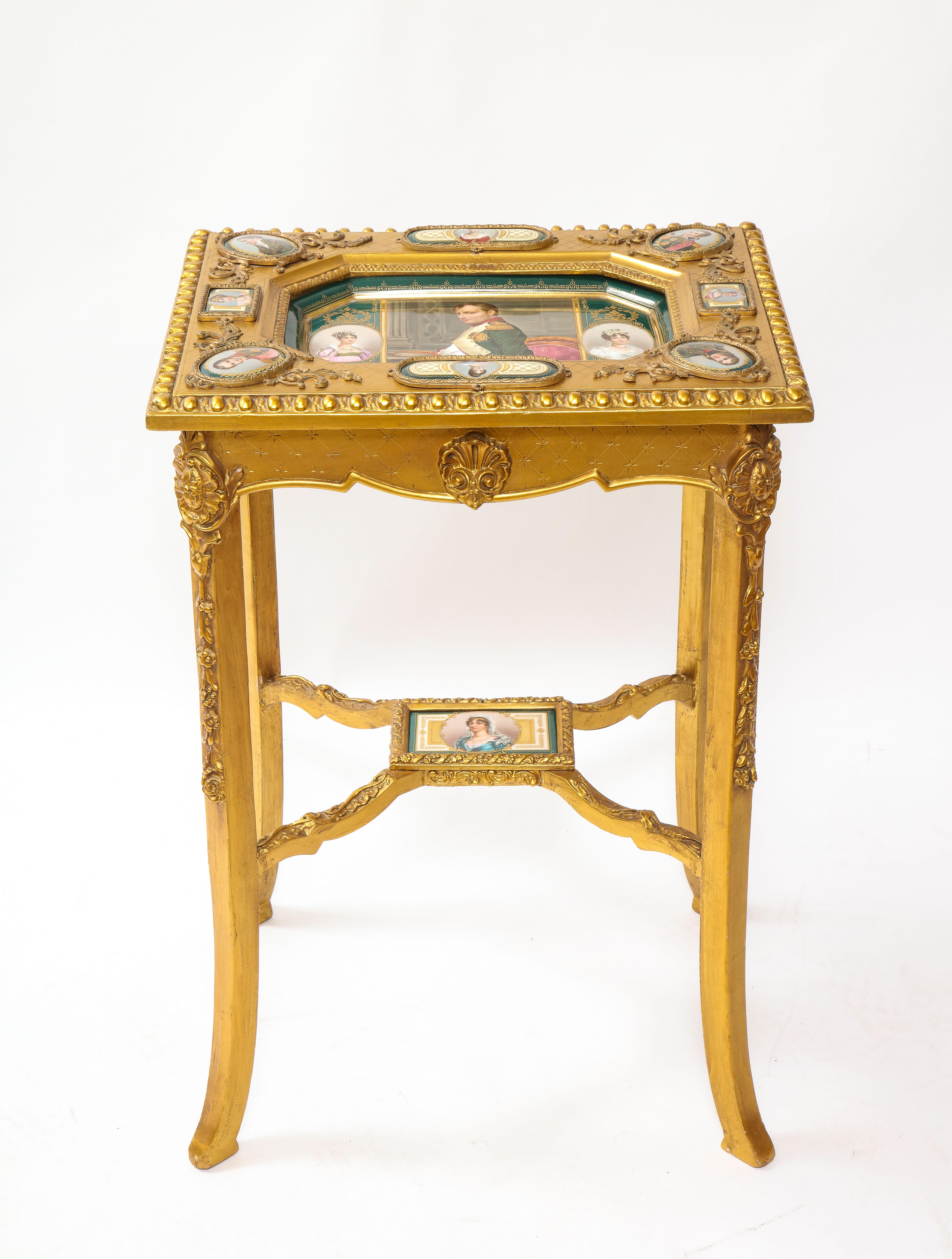 Austrian 19th C. Napoleonic Royal Vienna Giltwood Side Table w/ Inlaid Porcelain Plaques For Sale