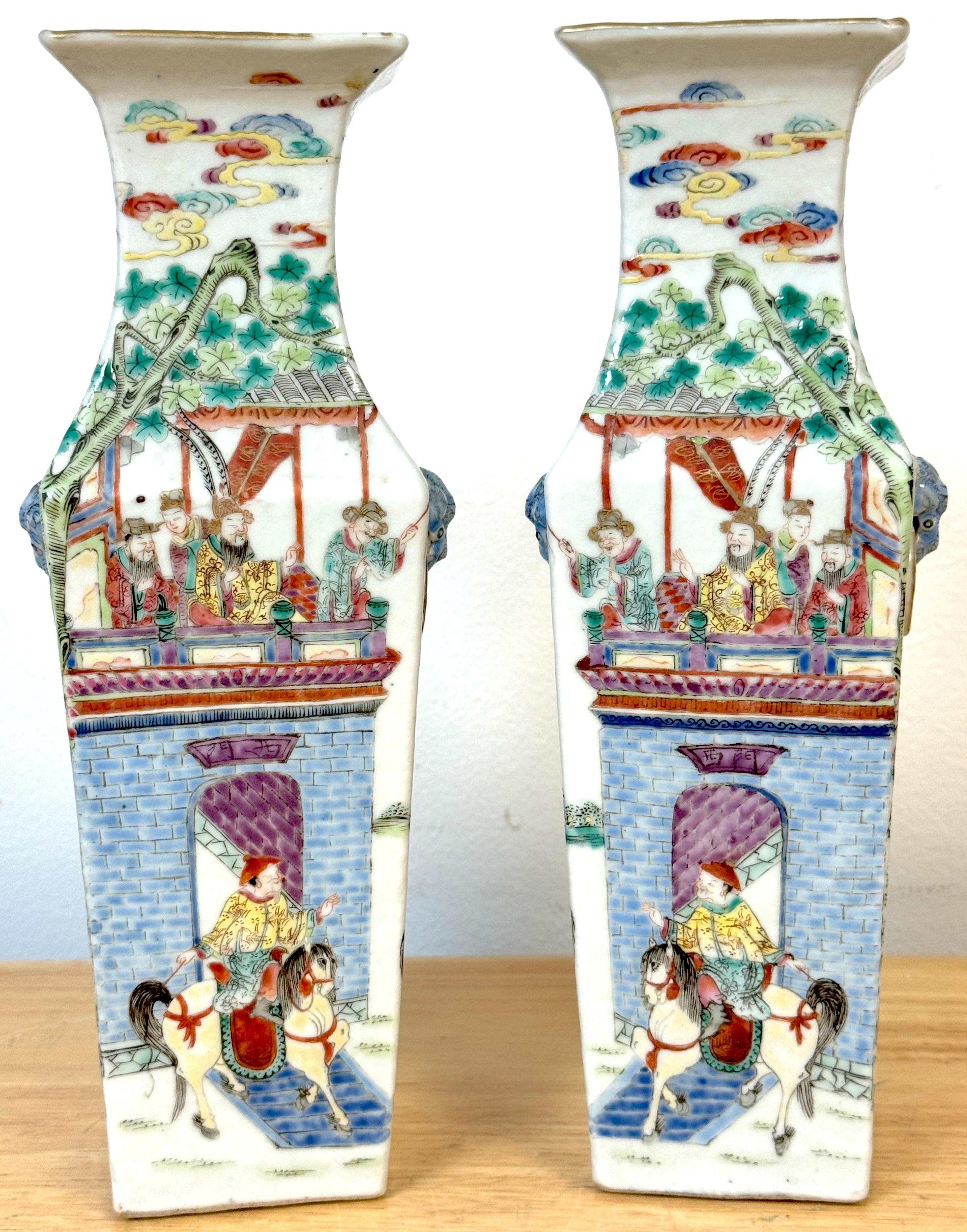 Narrative Mandarin Palette Porcelain Vases Depicting an Imperial Cycle of Duty and Ceremony

Jingdezhen kilns, Qing Dynasty, mid-19th century
Porcelain with overglaze famille rose enamels
Dimensions: 10 inches high x 3 inches square (each)

This