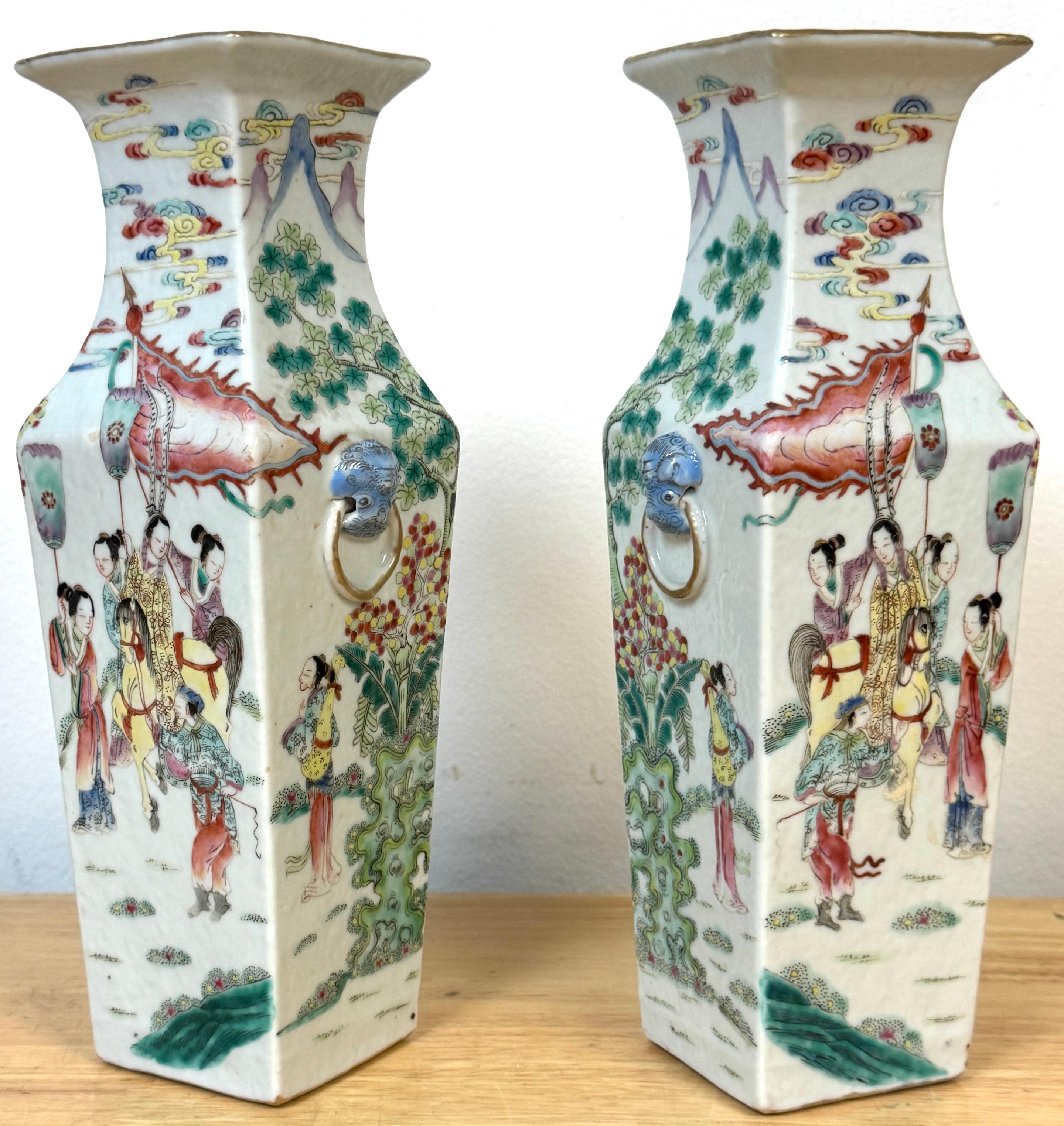 Enameled 19th C. Narrative Mandarin Palette Porcelain Vases Depicting  Imperial Cycle For Sale