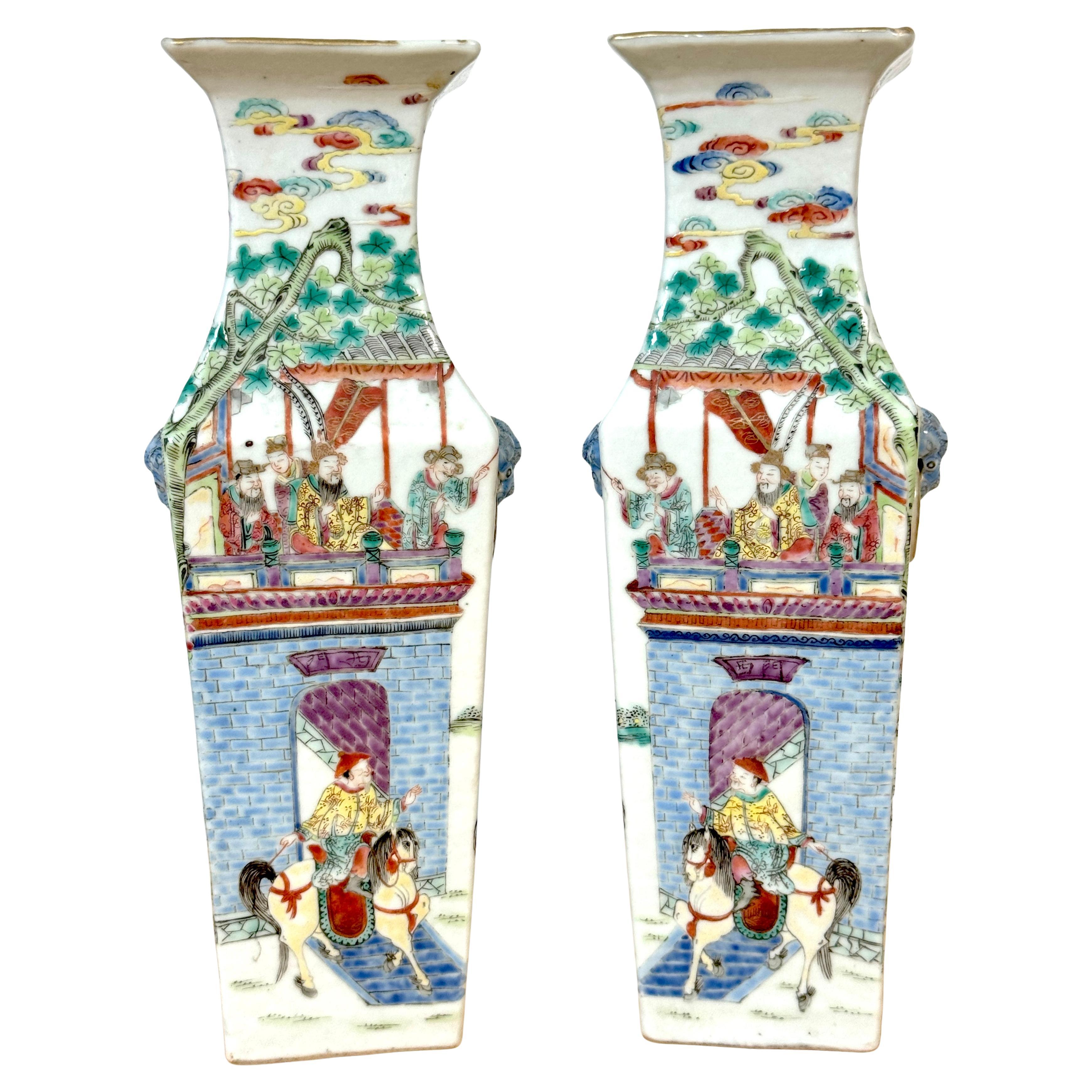 19th C. Narrative Mandarin Palette Porcelain Vases Depicting  Imperial Cycle For Sale
