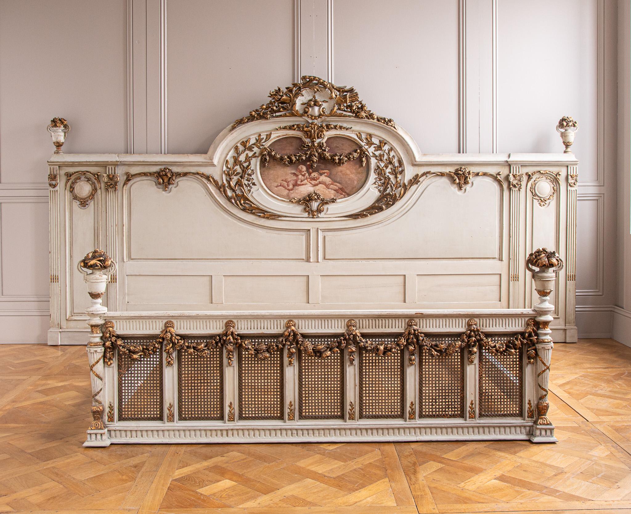 19th C. Neo Classic Large Bed With Gilt Work & Painted 