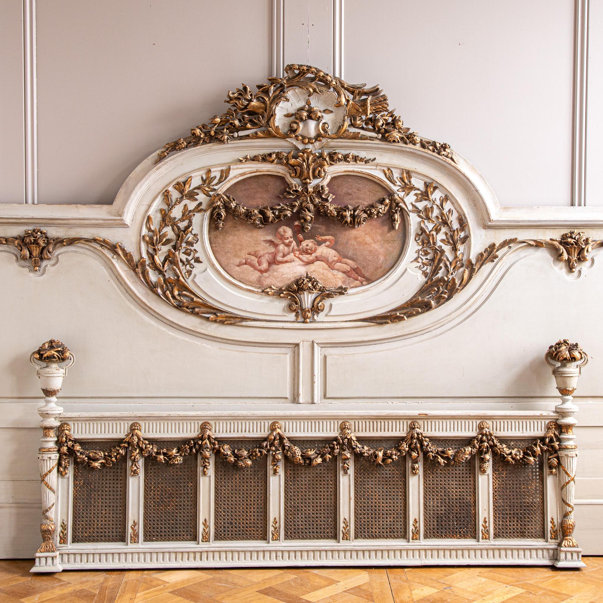 19th C. Neo Classic Large Bed With Gilt Work & Painted 