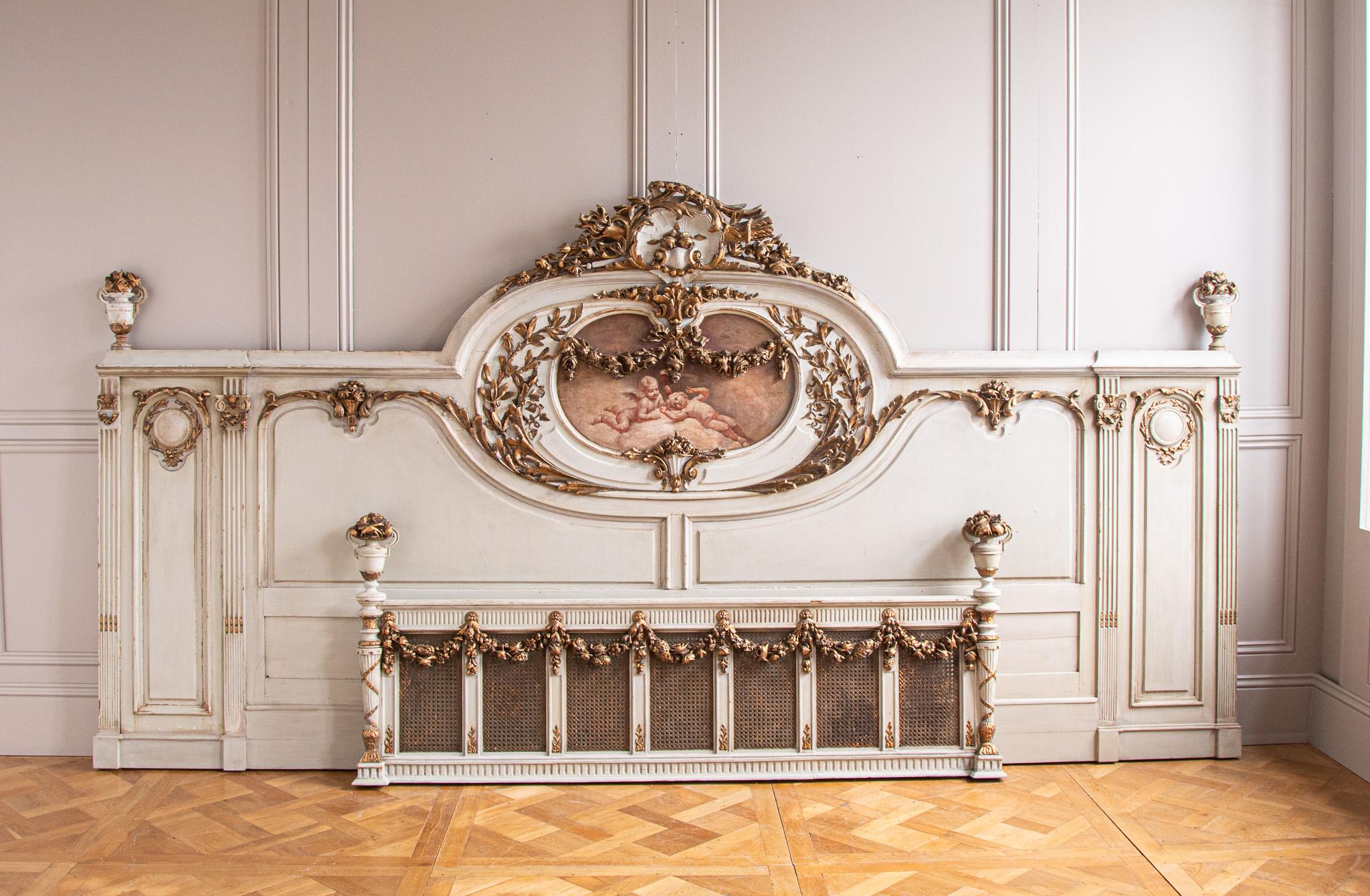19th C. Neo Classic Large Bed With Gilt Work & Painted 