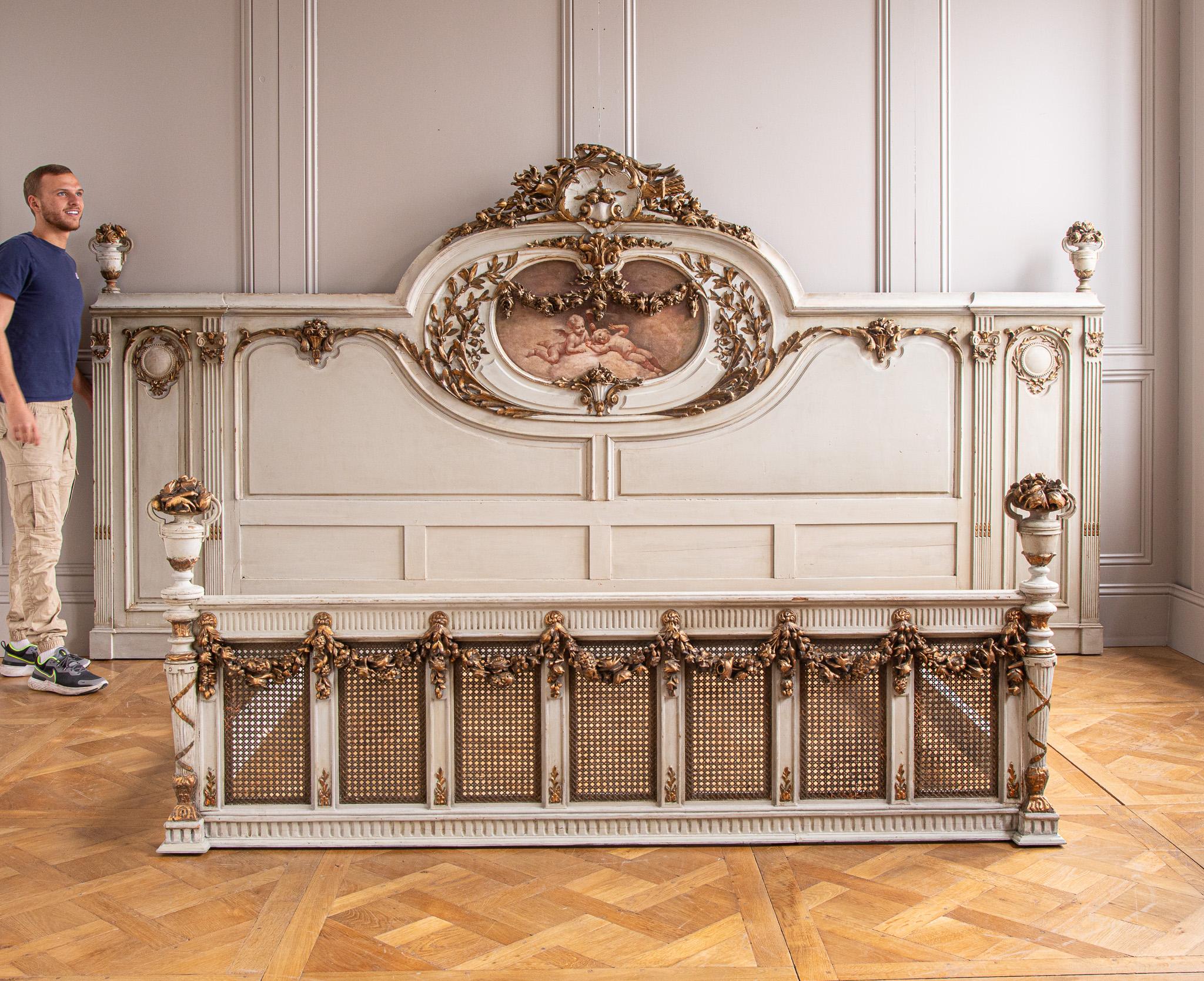 Louis XVI 19th C. Neo Classic Large Bed With Gilt Work & Painted 