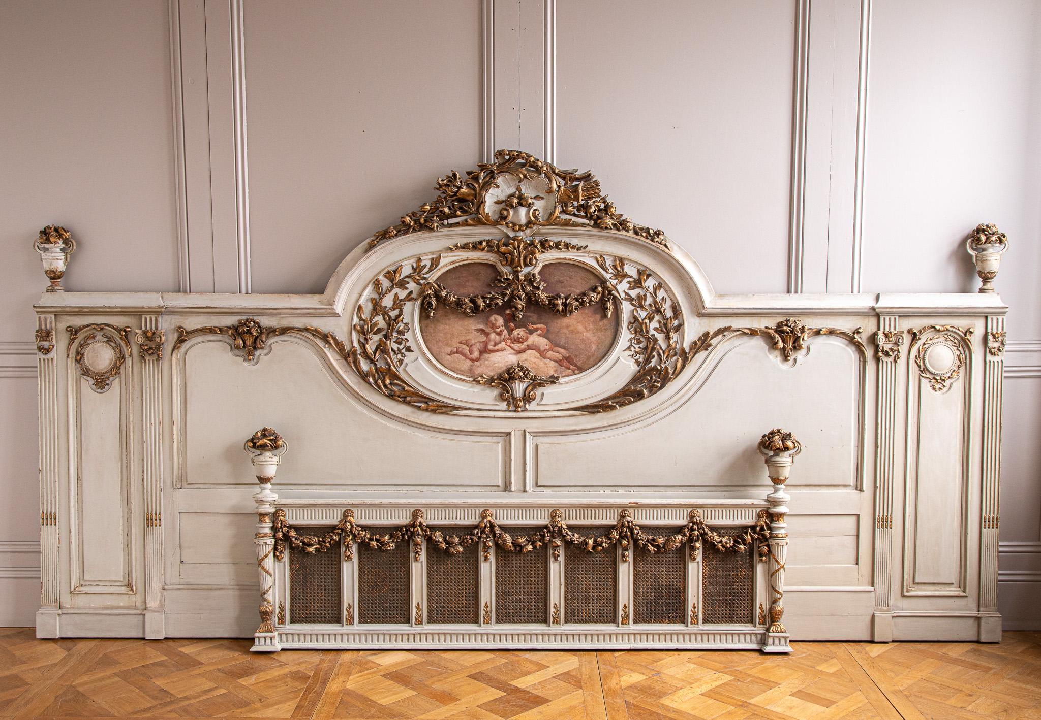 French 19th C. Neo Classic Large Bed With Gilt Work & Painted 