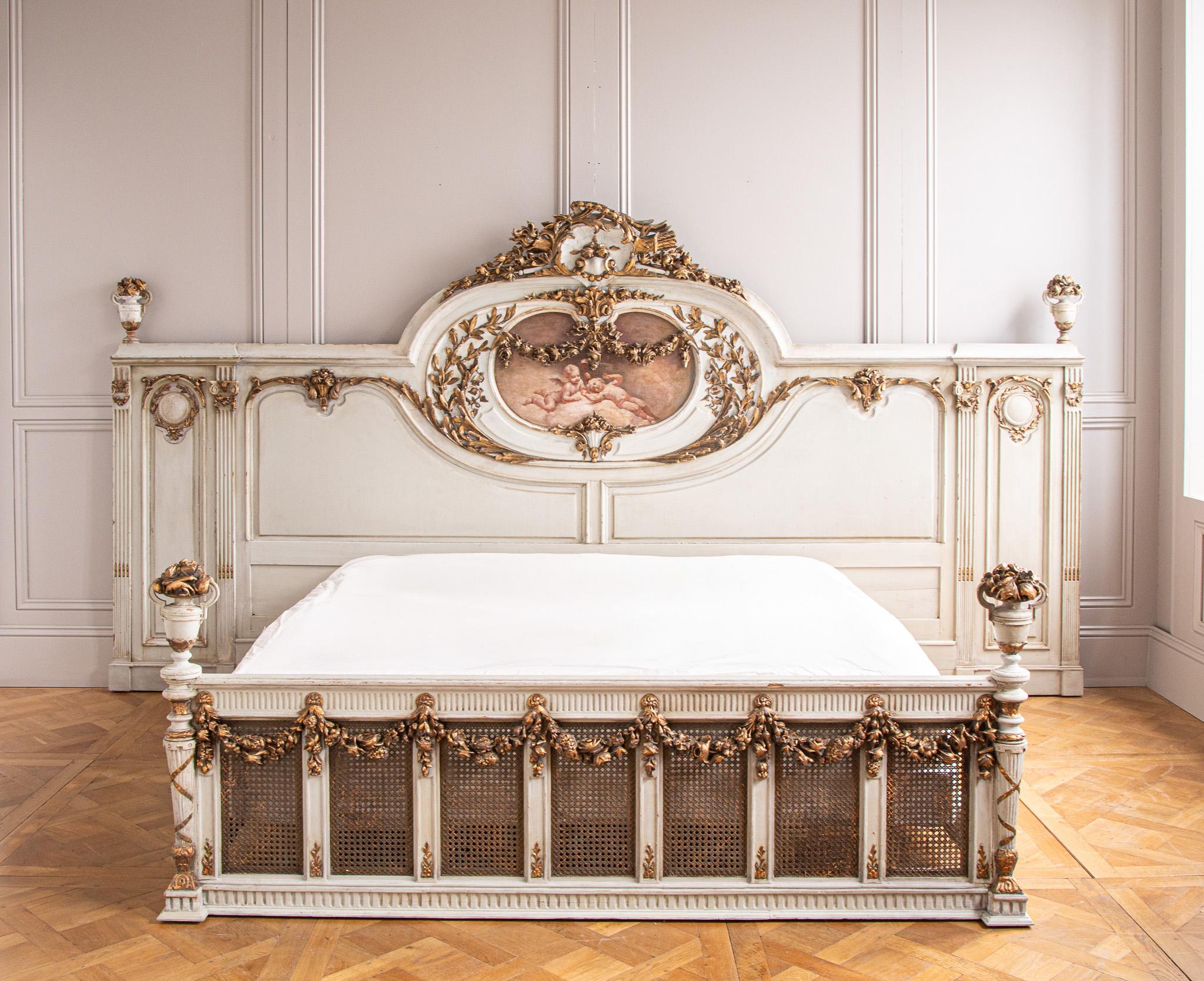 Hand-Carved 19th C. Neo Classic Large Bed With Gilt Work & Painted 