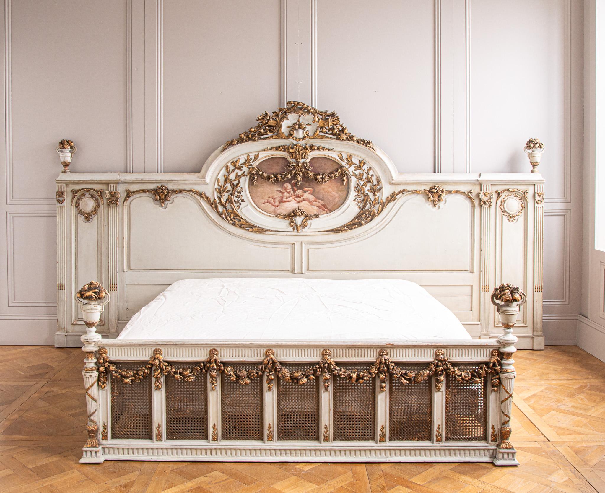 19th Century 19th C. Neo Classic Large Bed With Gilt Work & Painted 