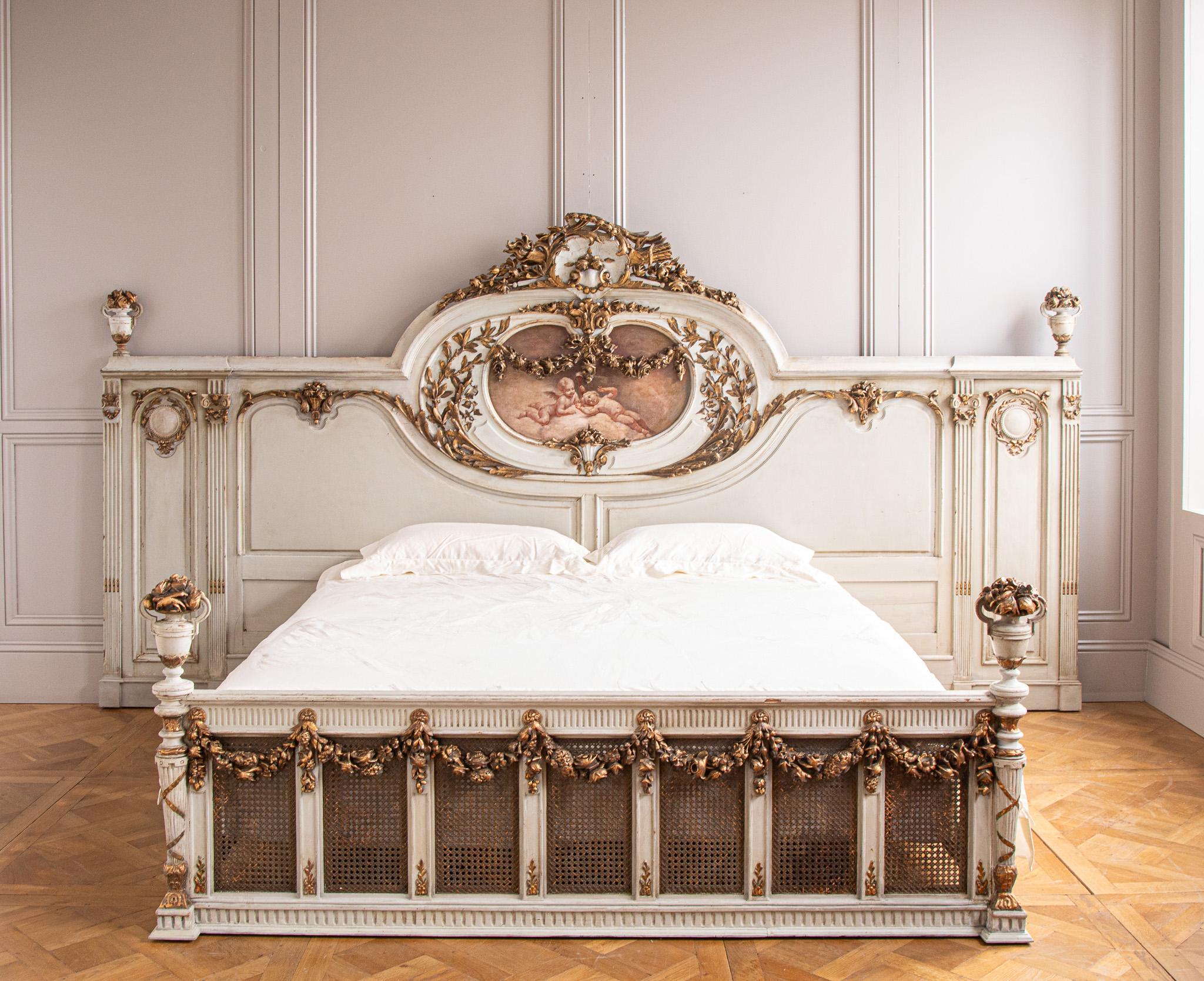 Wood 19th C. Neo Classic Large Bed With Gilt Work & Painted 