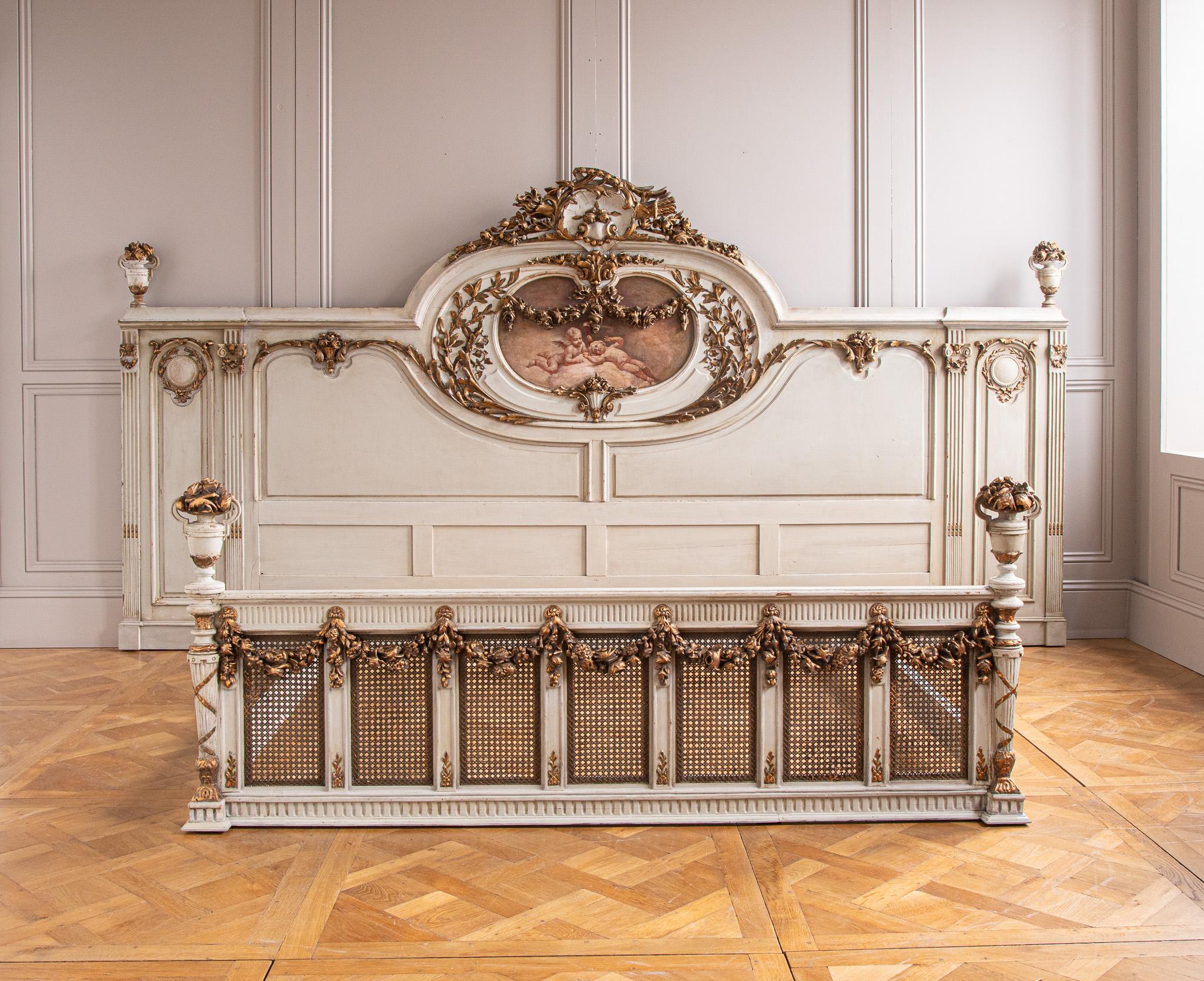 19th C. Neo Classic Large Bed With Gilt Work & Painted 