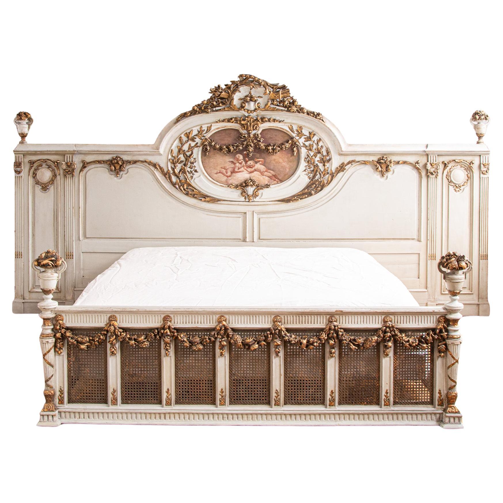 19th C. Neo Classic Large Bed With Gilt Work & Painted "Boucher" Style Cherubs For Sale