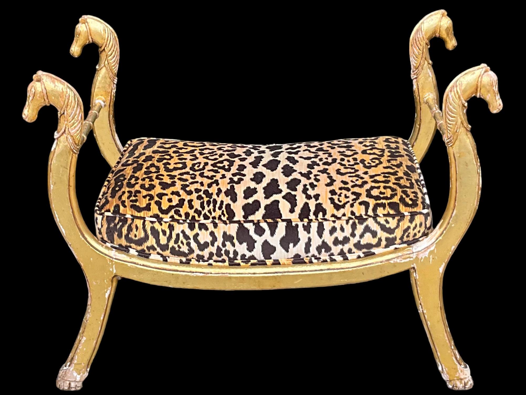 Neoclassical 19th-C. Neo-Classical Maison Jansen Style Giltwood Bench In Leopard Velvet  For Sale