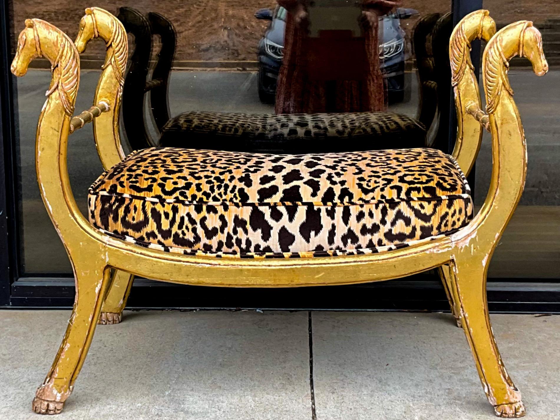 19th-C. Neo-Classical Maison Jansen Style Giltwood Bench In Leopard Velvet  For Sale 2