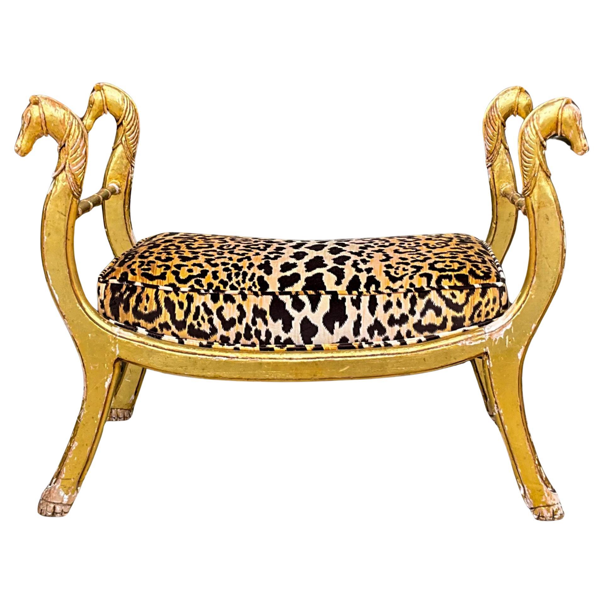 19th-C. Neo-Classical Maison Jansen Style Giltwood Bench In Leopard Velvet 