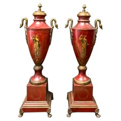 19th C. Neo-Classical Style Signed French Tole Urns with Gilt Bronze Accents