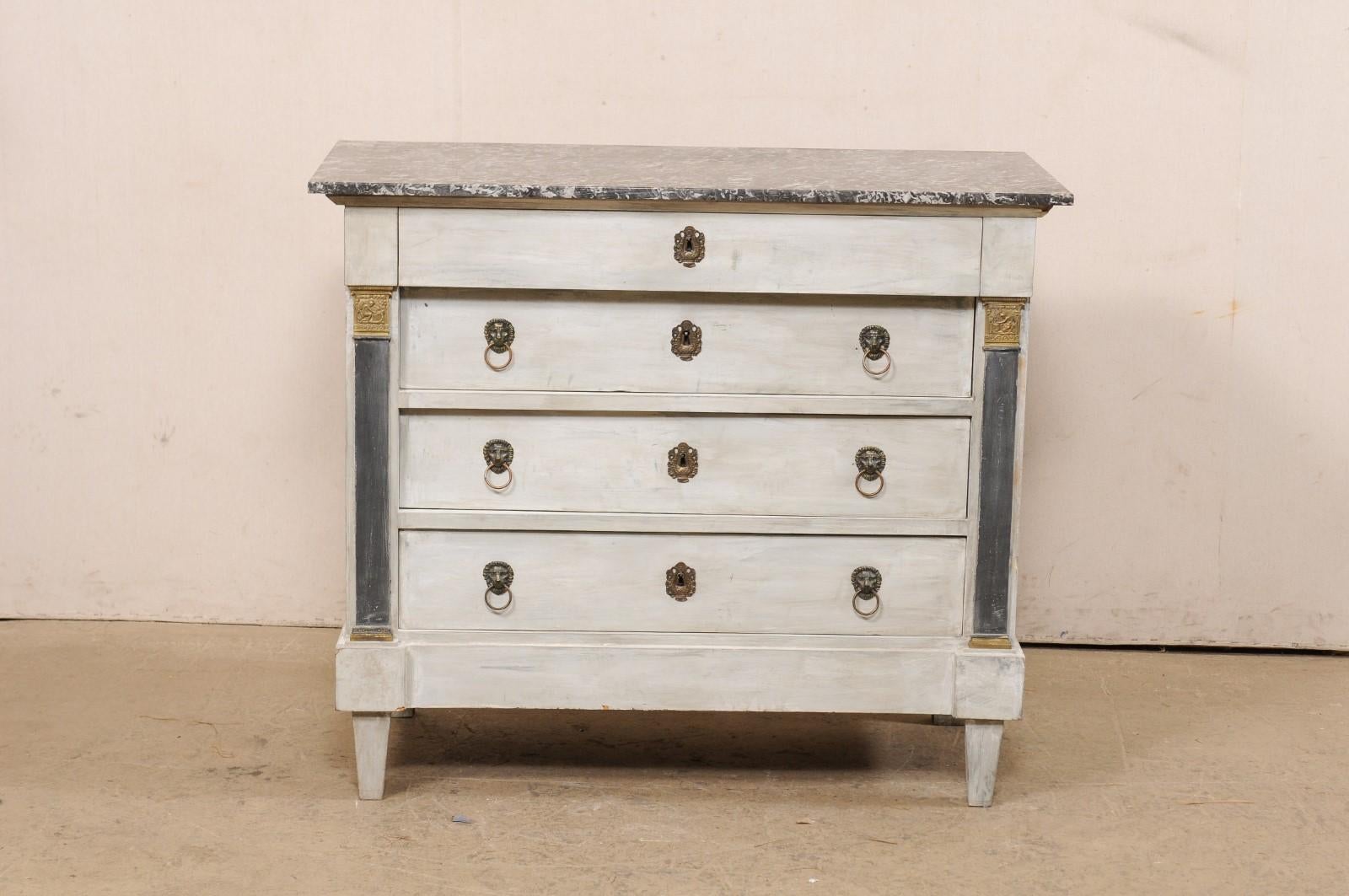 19th C. Neoclassic French Painted Commode W/Marble Top & Lion's Head Ring Pulls For Sale 6