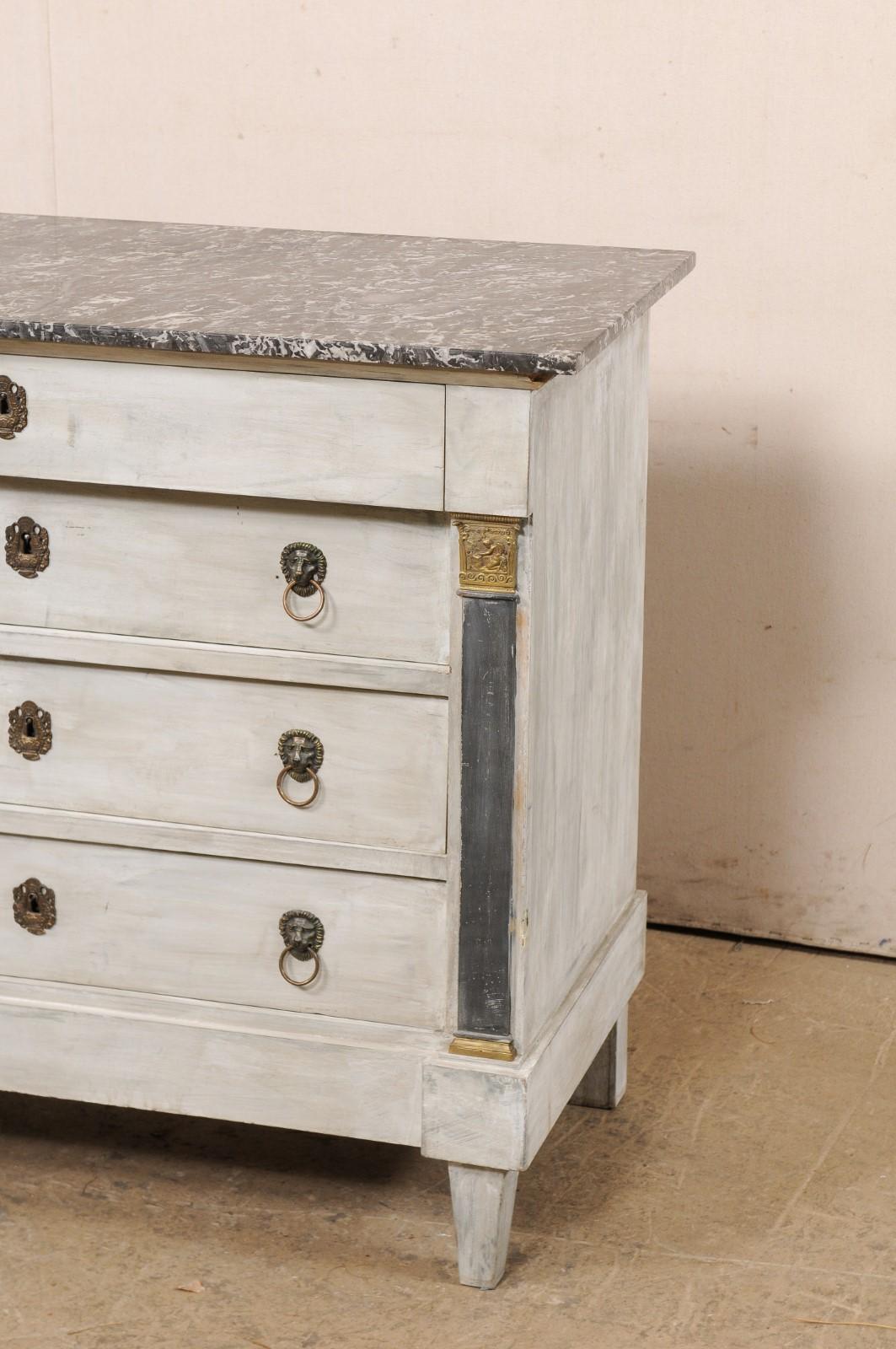 19th C. Neoclassic French Painted Commode W/Marble Top & Lion's Head Ring Pulls For Sale 7