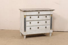 19th C. Neoclassic French Painted Commode W/Marble Top & Lion's Head Ring Pulls