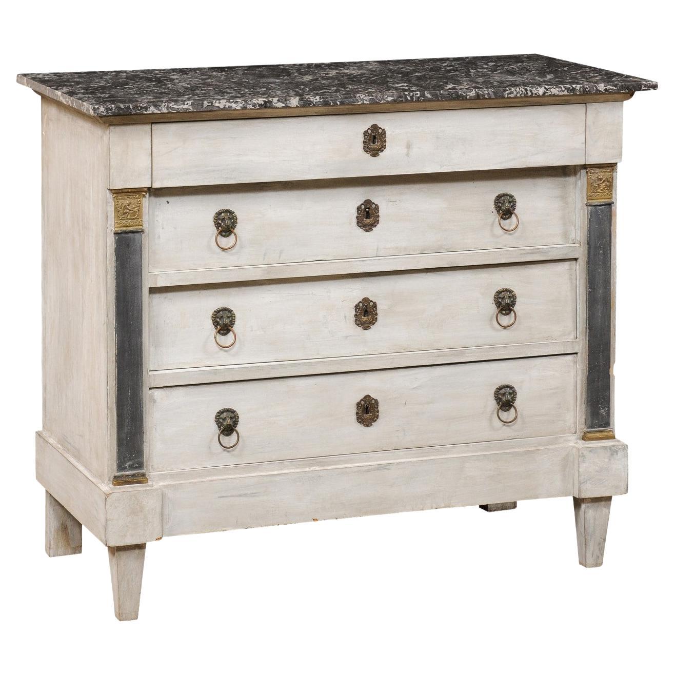 19th C. Neoclassic French Painted Commode W/Marble Top & Lion's Head Ring Pulls For Sale