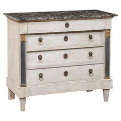 19th C. Neoclassic French Painted Commode W/Marble Top & Lion's Head Ring Pulls