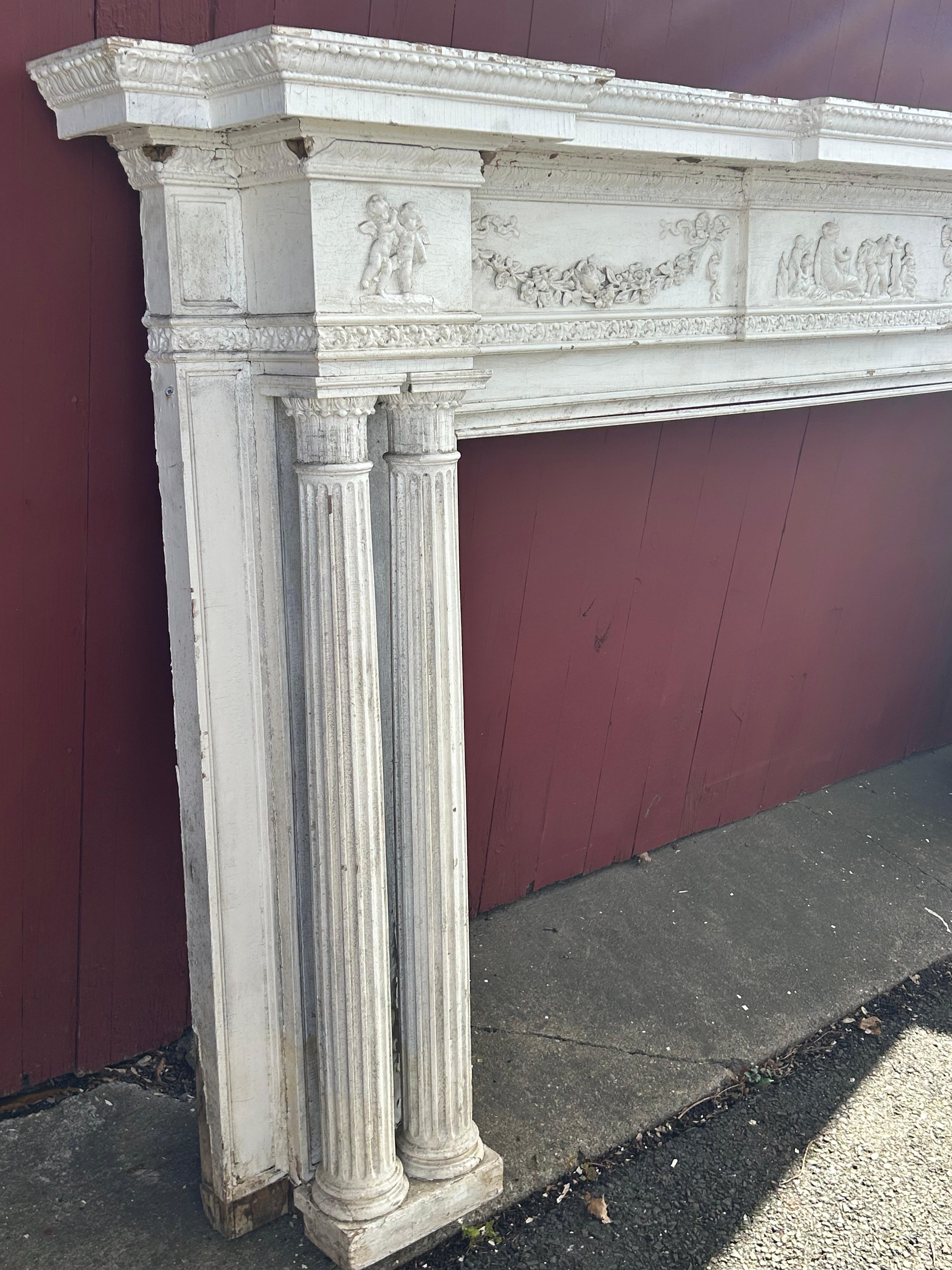 19th c Neoclassical Fireplace Mantel w Reclining Woman, Putti For Sale 6