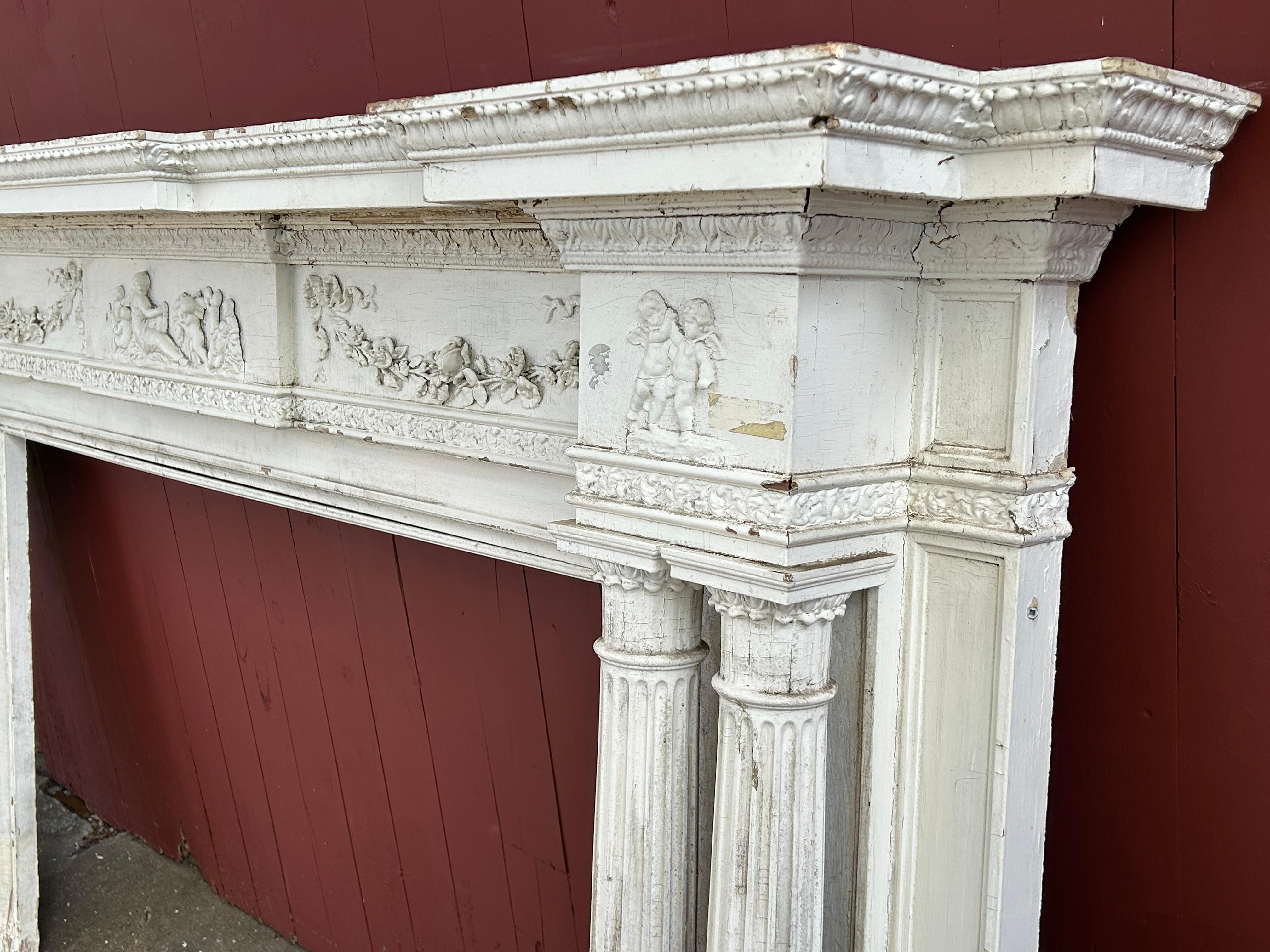 19th c Neoclassical Fireplace Mantel w Reclining Woman, Putti For Sale 8