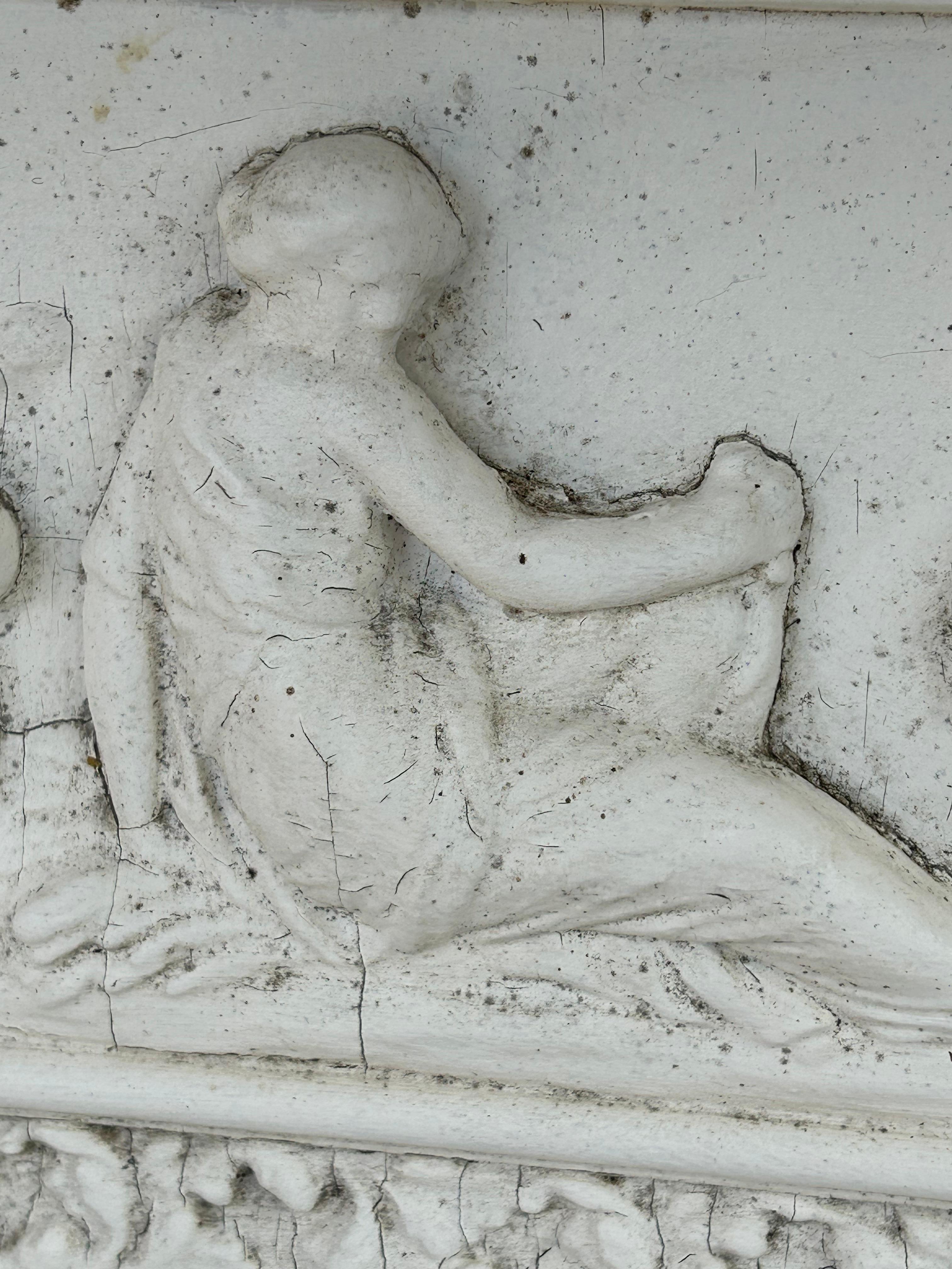 Carved 19th c Neoclassical Fireplace Mantel w Reclining Woman, Putti For Sale