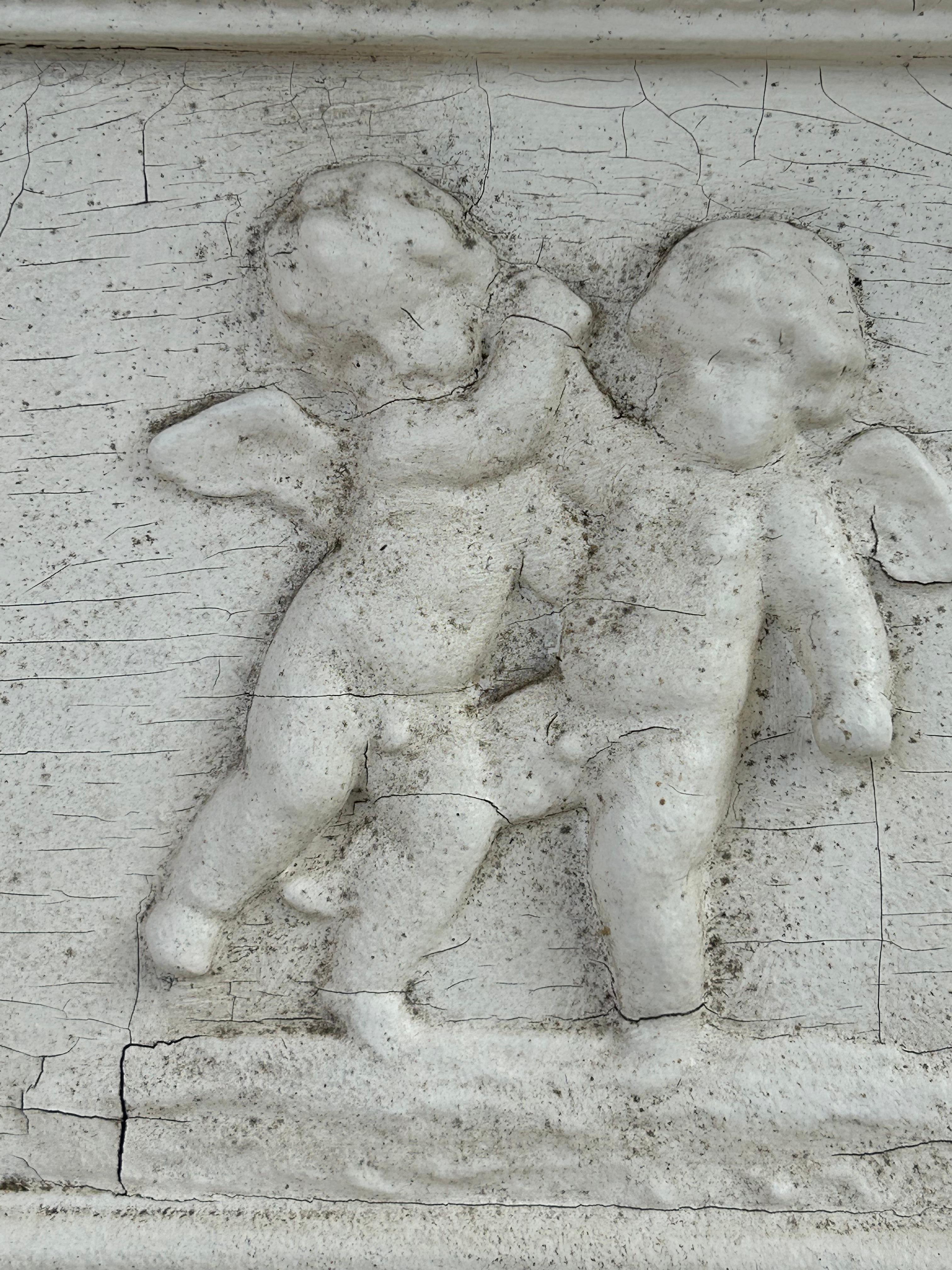 19th c Neoclassical Fireplace Mantel w Reclining Woman, Putti In Fair Condition For Sale In Woodbury, CT