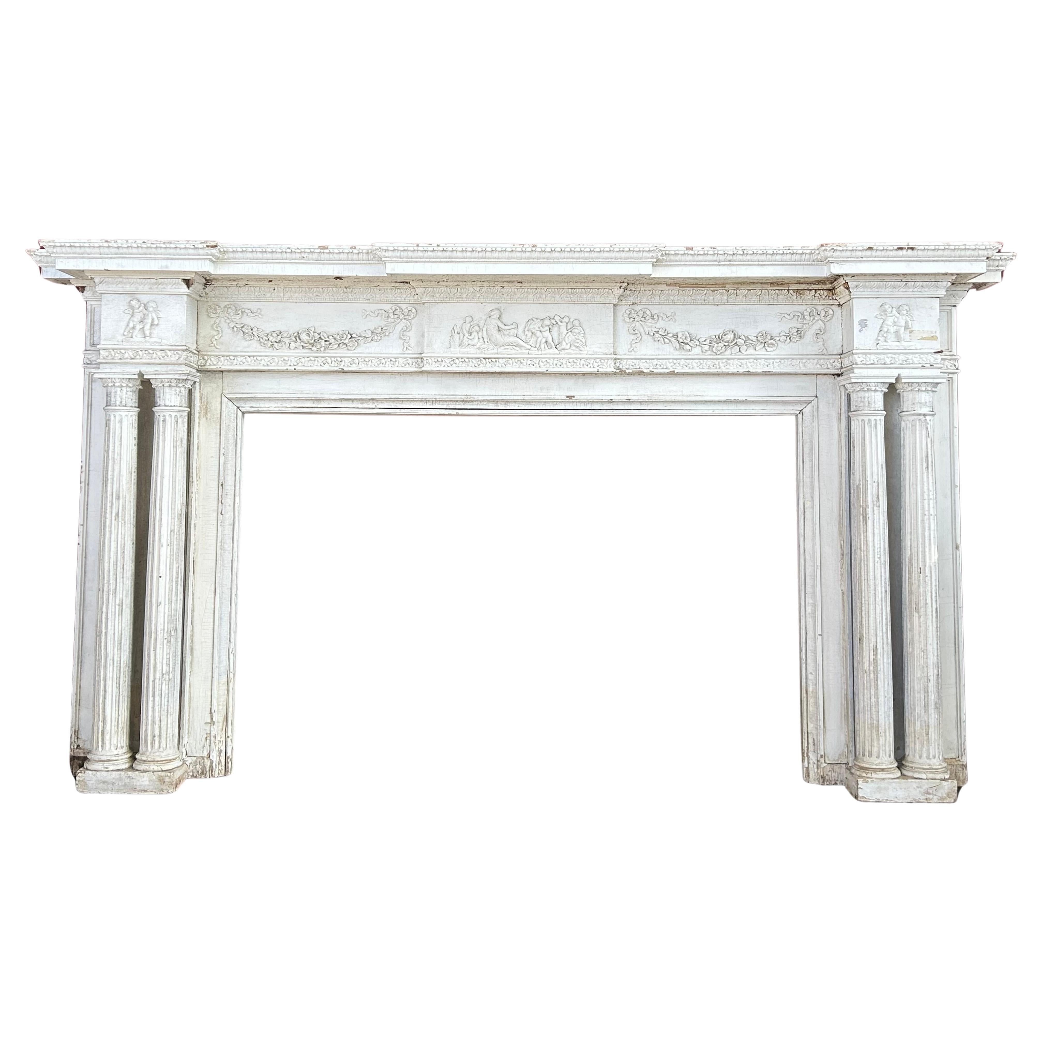 19th c Neoclassical Fireplace Mantel w Reclining Woman, Putti For Sale