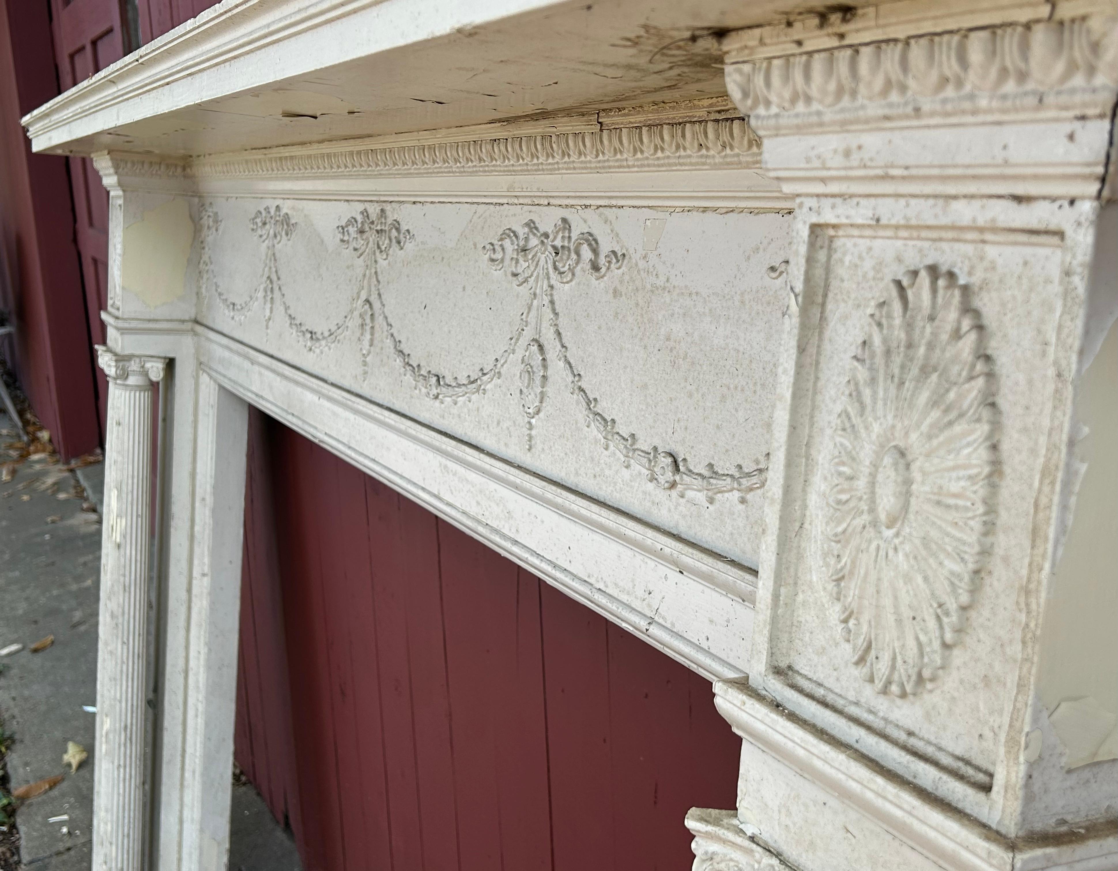 19th c Neoclassical Fireplace Mantel w Ribbon Swags For Sale 7