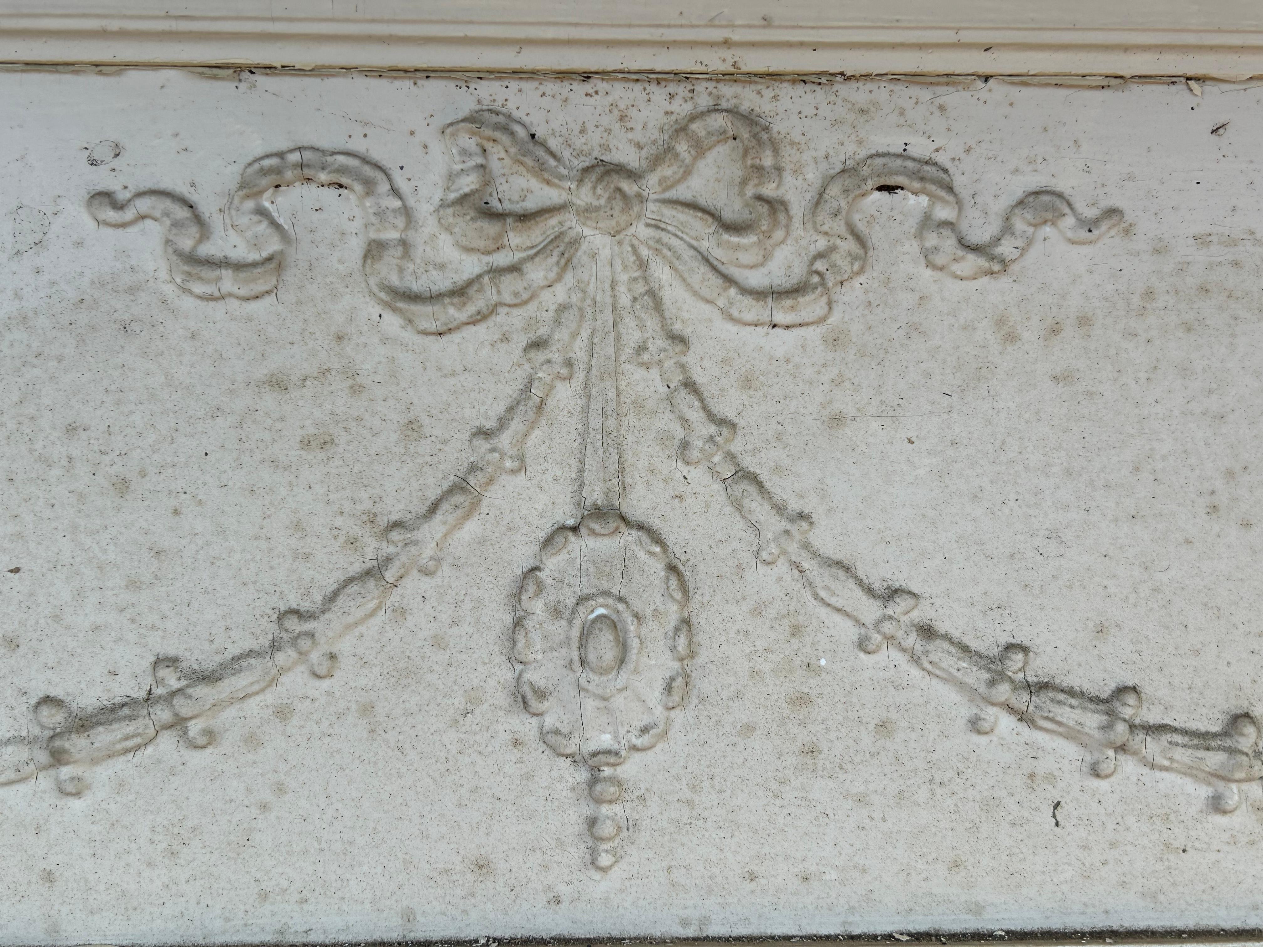 19th c Neoclassical Fireplace Mantel w Ribbon Swags In Fair Condition For Sale In Woodbury, CT