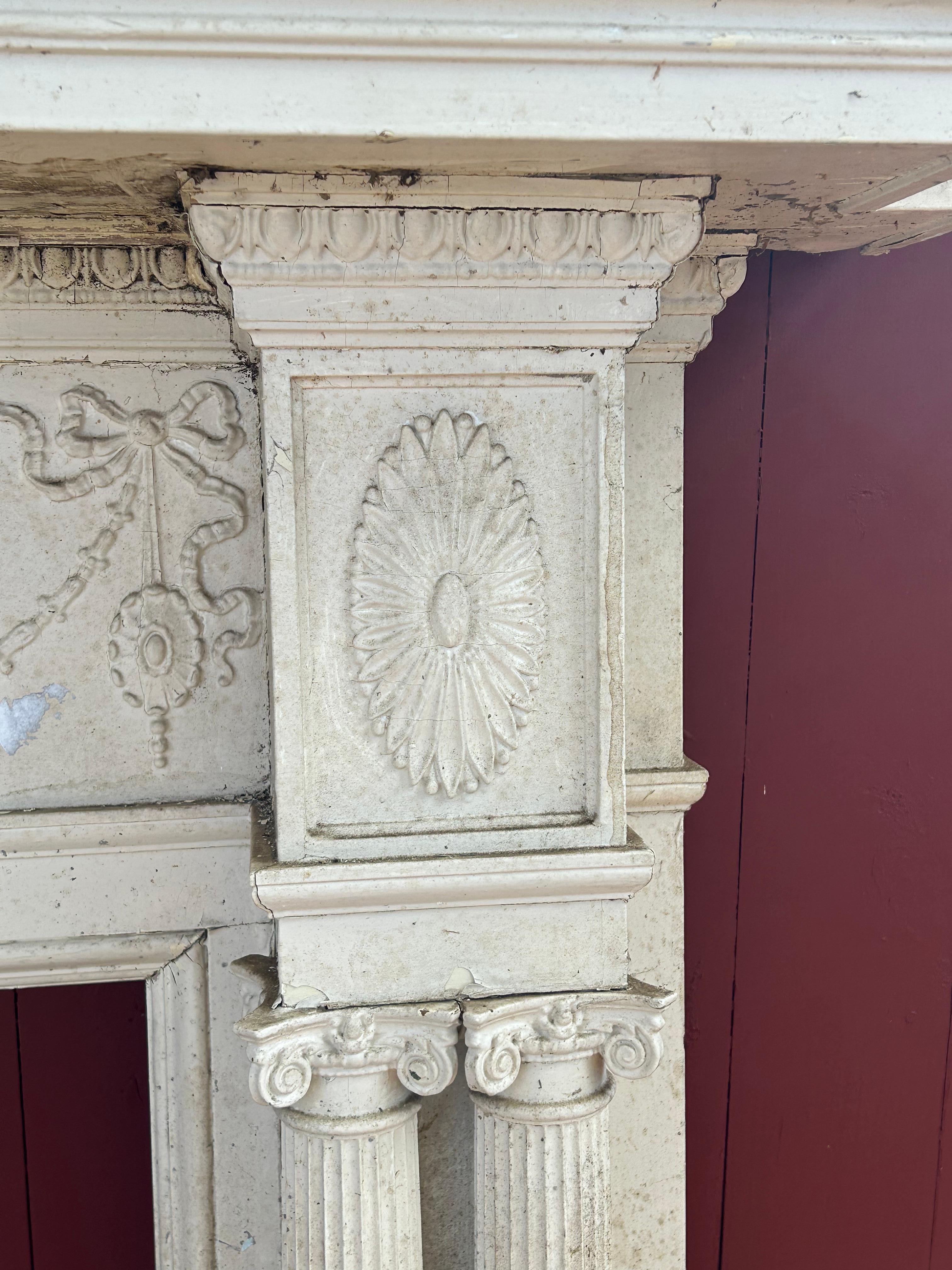 Gesso 19th c Neoclassical Fireplace Mantel w Ribbon Swags For Sale
