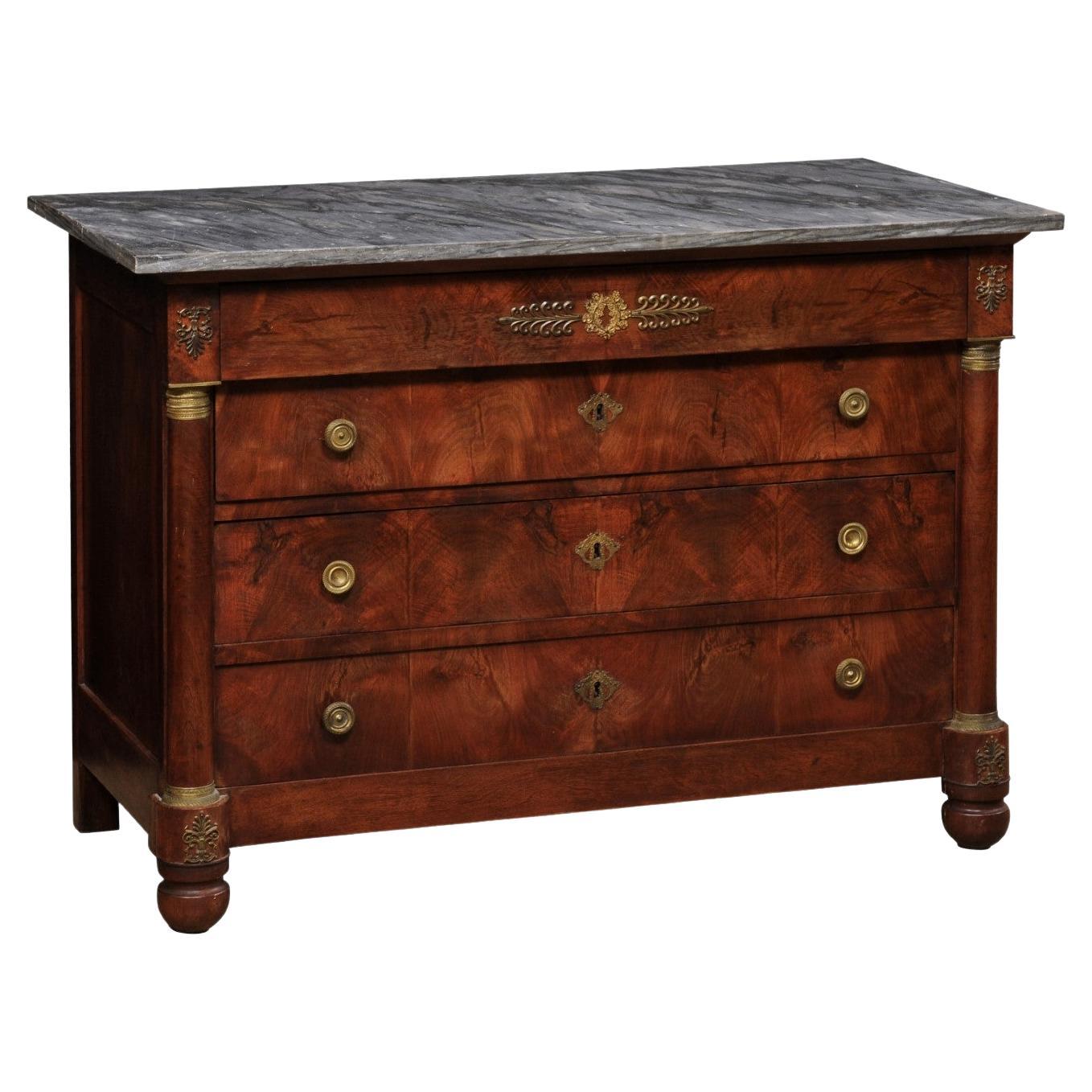 19th Century Neoclassical French Marble-Top Commode W/Exquisite Brass Accents
