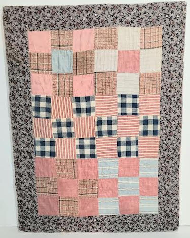 19th C Nine Patch Doll Quilt with Calico Boarder. Mounted for hanging.