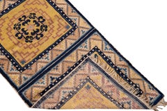 19th C. Ningxia Yellow and Blue Chinese Handmade Geometric Medallion Wool Runner