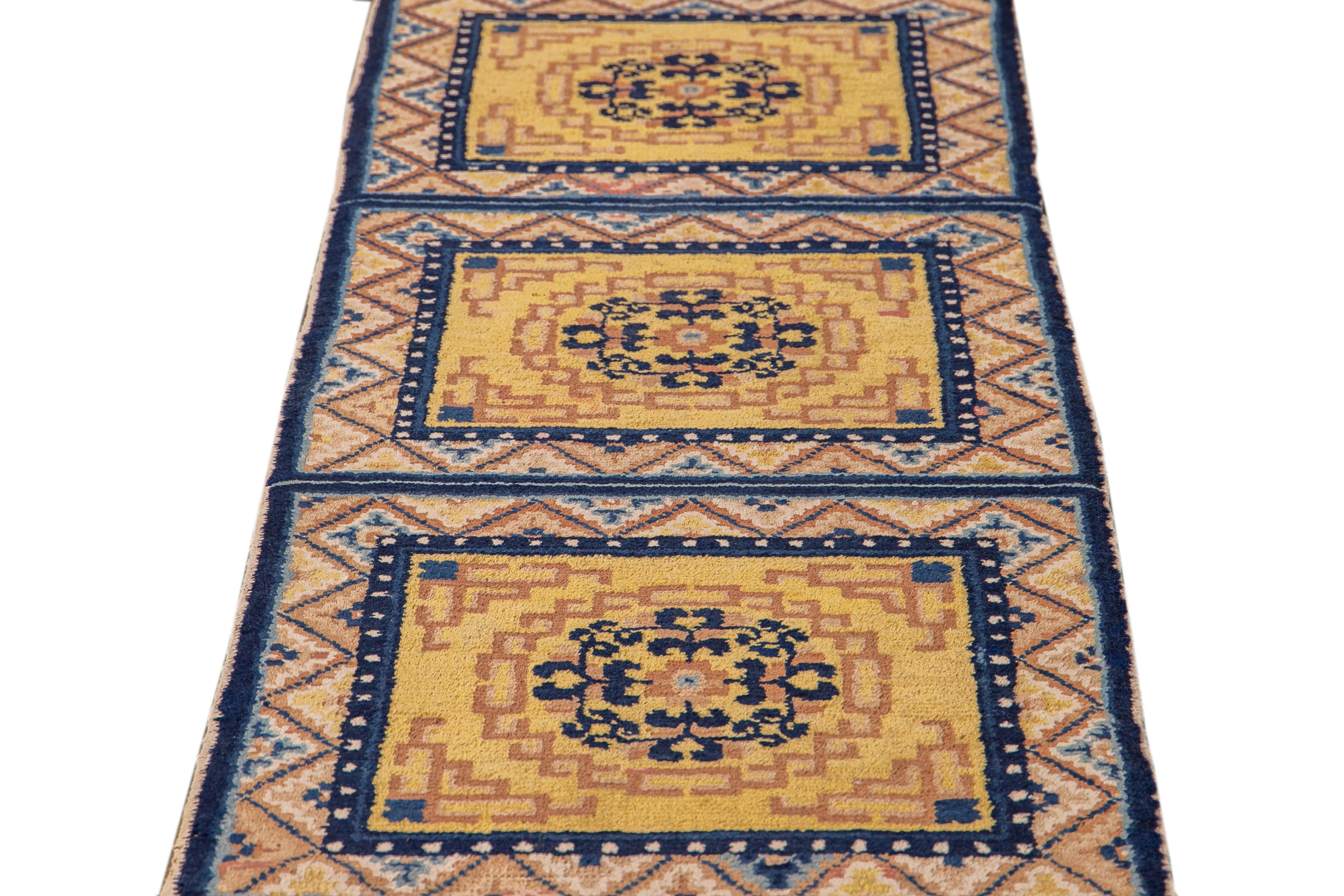 Chinese Export 19th C. Ningxia Yellow and Blue Chinese Handmade Geometric Medallion Wool Runner