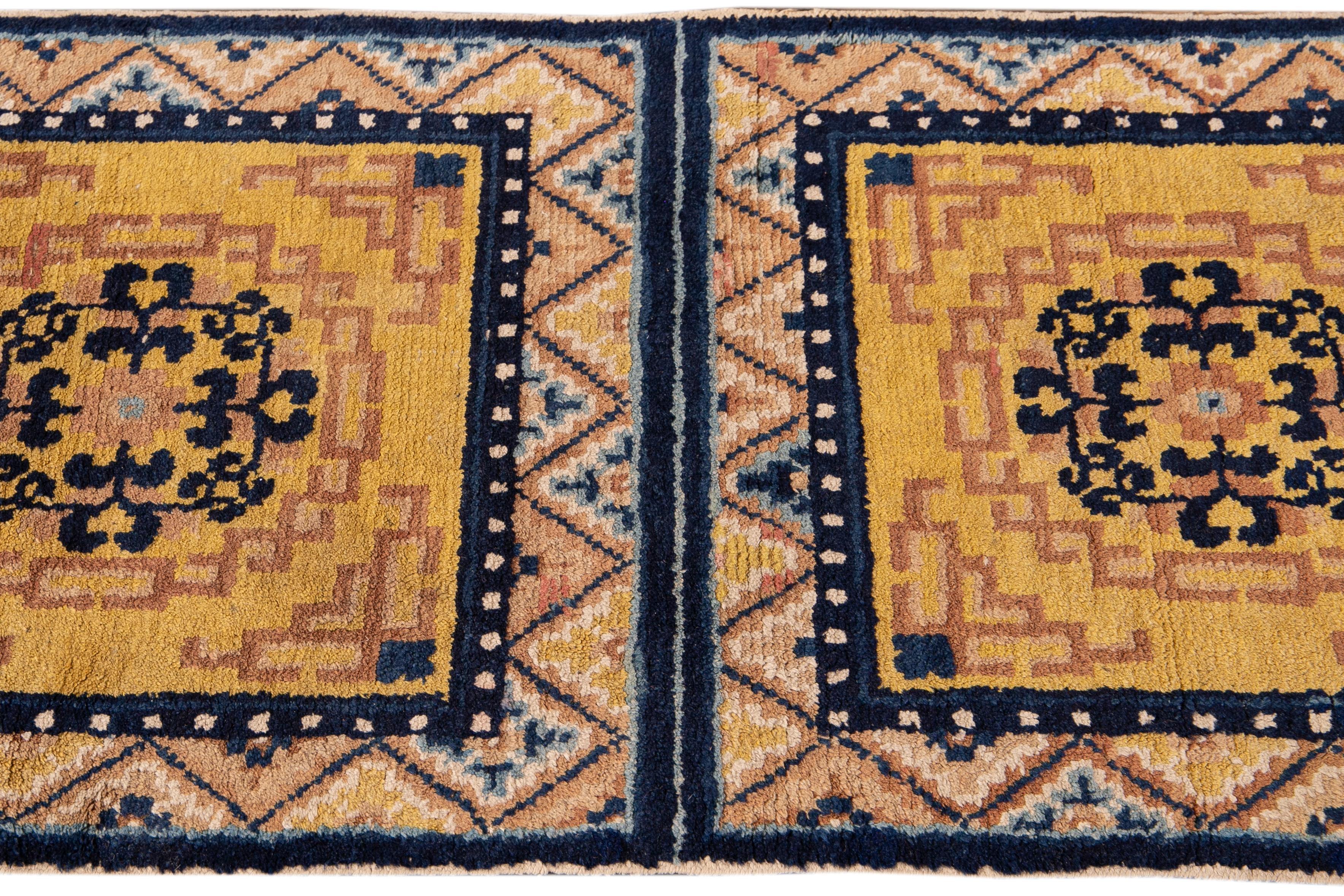 Hand-Knotted 19th C. Ningxia Yellow and Blue Chinese Handmade Geometric Medallion Wool Runner
