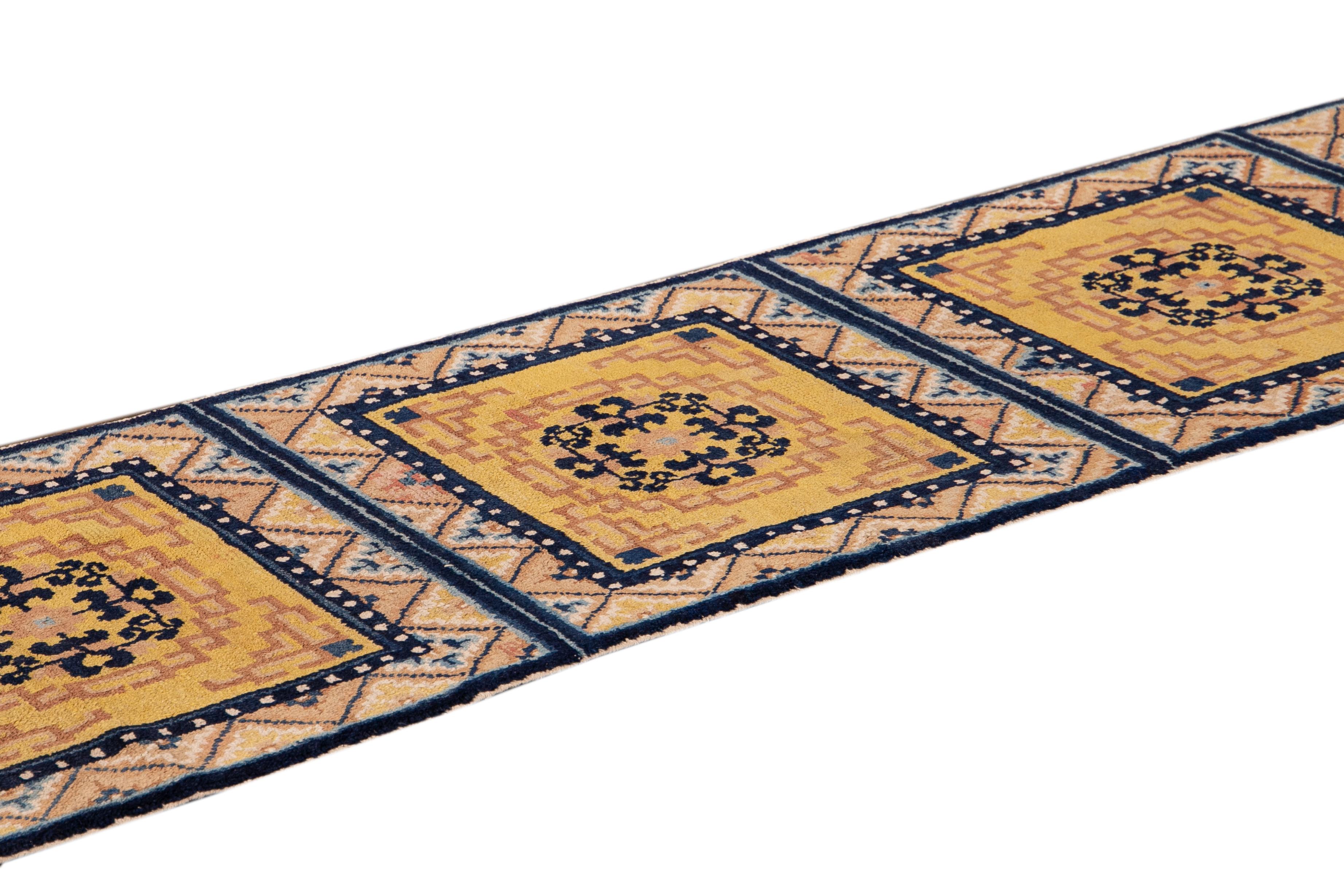 19th C. Ningxia Yellow and Blue Chinese Handmade Geometric Medallion Wool Runner In Excellent Condition In Norwalk, CT