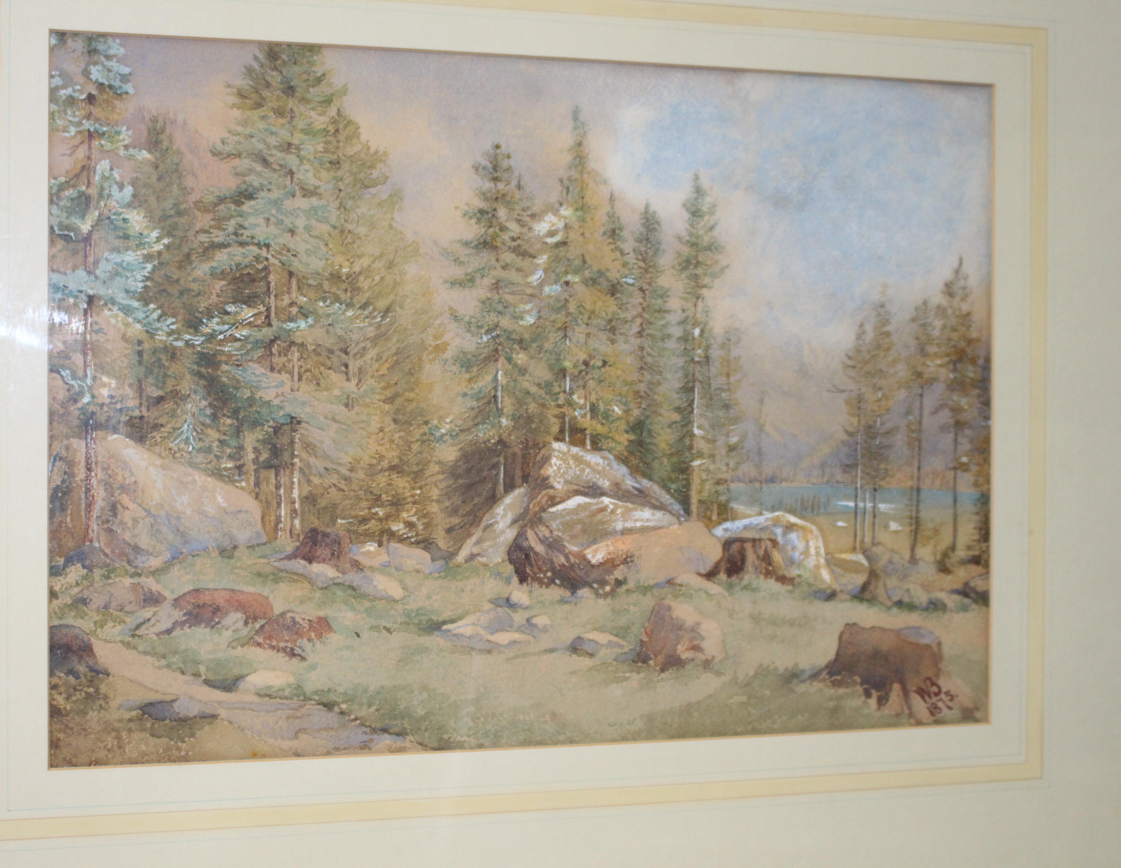 Subject 
North American landscape

Period 19th century,

Artist 
Signed and dated by the artist to the lower right

Medium 
Watercolor

Size (frame) 
81 x 64.5 cm / 32 x 25 1/2 in

Frame 
Set behind glass in wooden frame with gilt