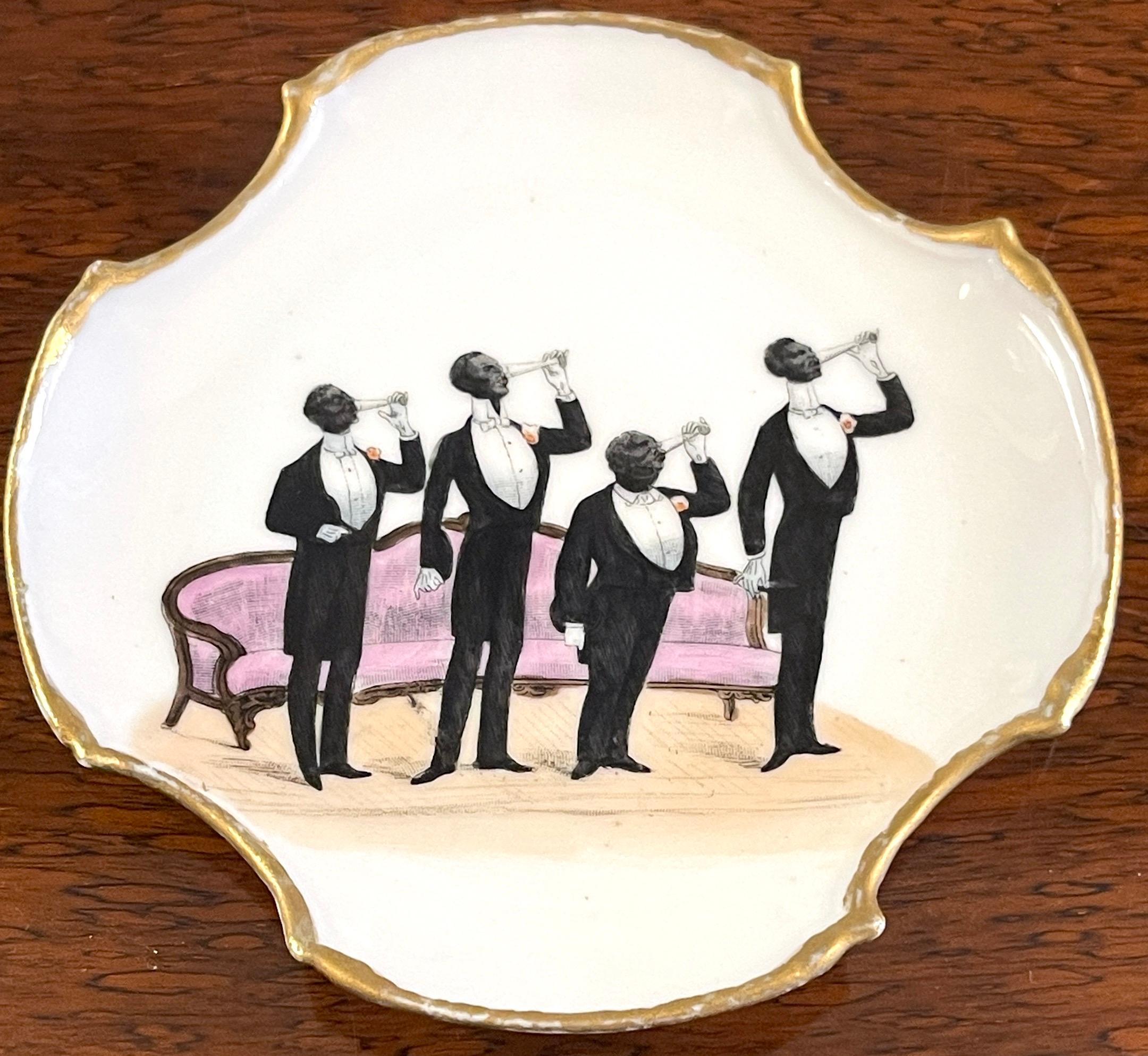 Late 19th Century German of Regency Black Aristocratic Men Drinking Champagne 

A rare and unique probably of European or German origin, depicting four black men in tuxedos drinking champagne in a interior with a sofa.
Unmarked.
