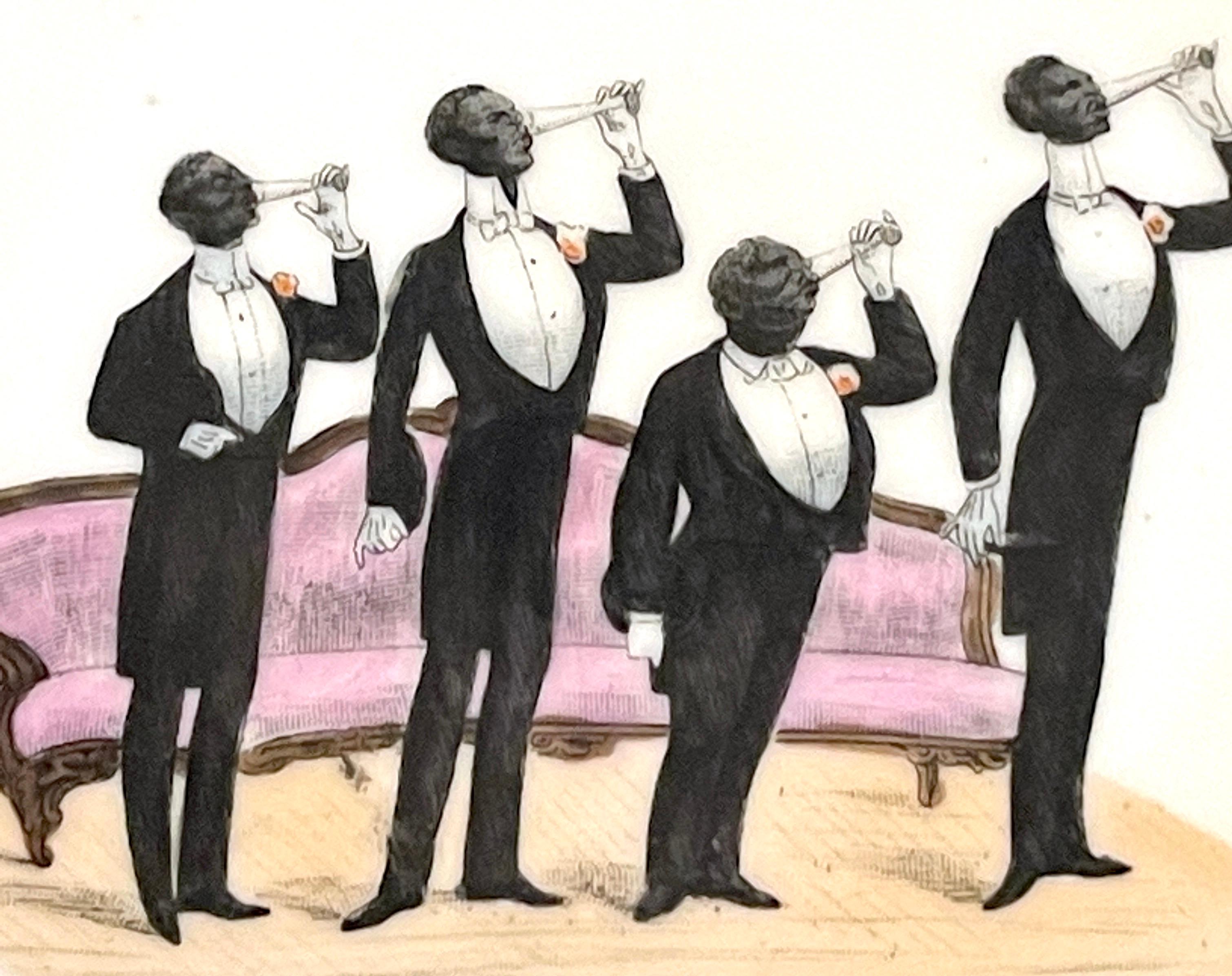 High Victorian 19th C Novelty  Regency Black Aristocratic Men Drinking Champagne For Sale